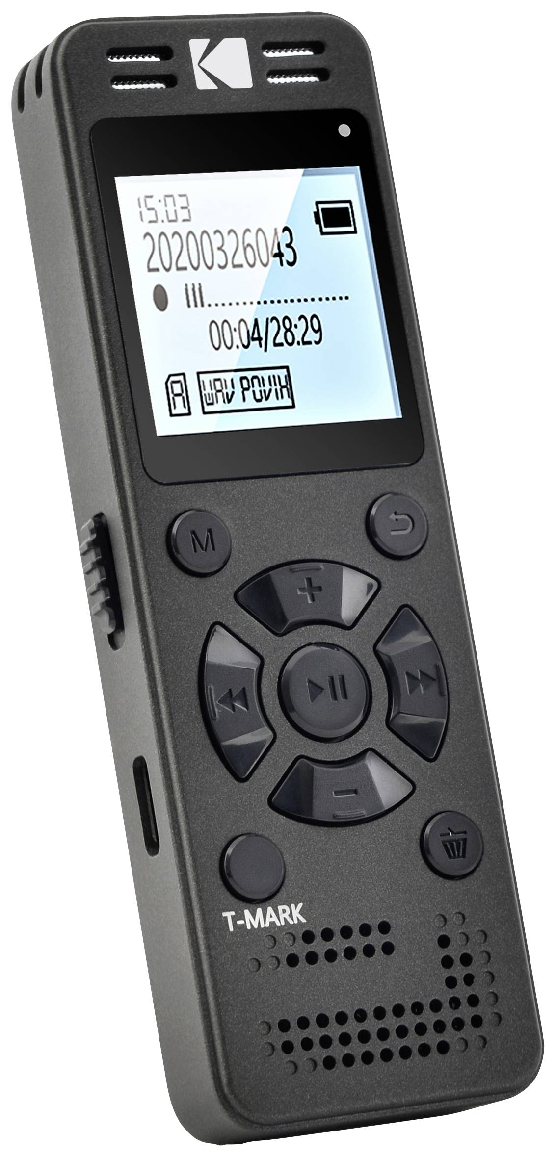 A black digital voice recorder with a display showing information such as date, time, and recording duration.