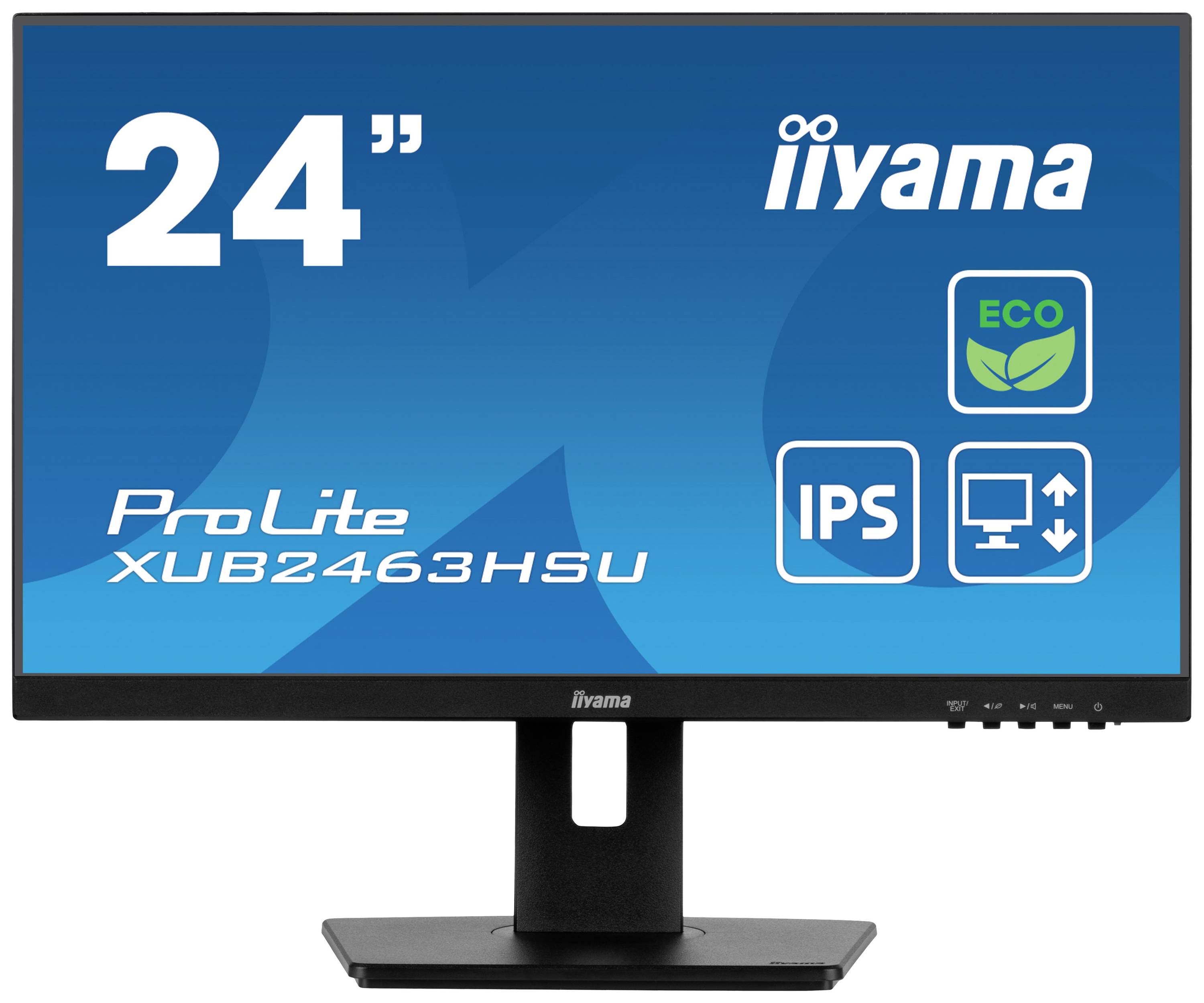 Monitor with 24-inch screen diagonal, brand name, model 'ProLite XUB2463HSU'. Symbols for Eco Mode and IPS technology.