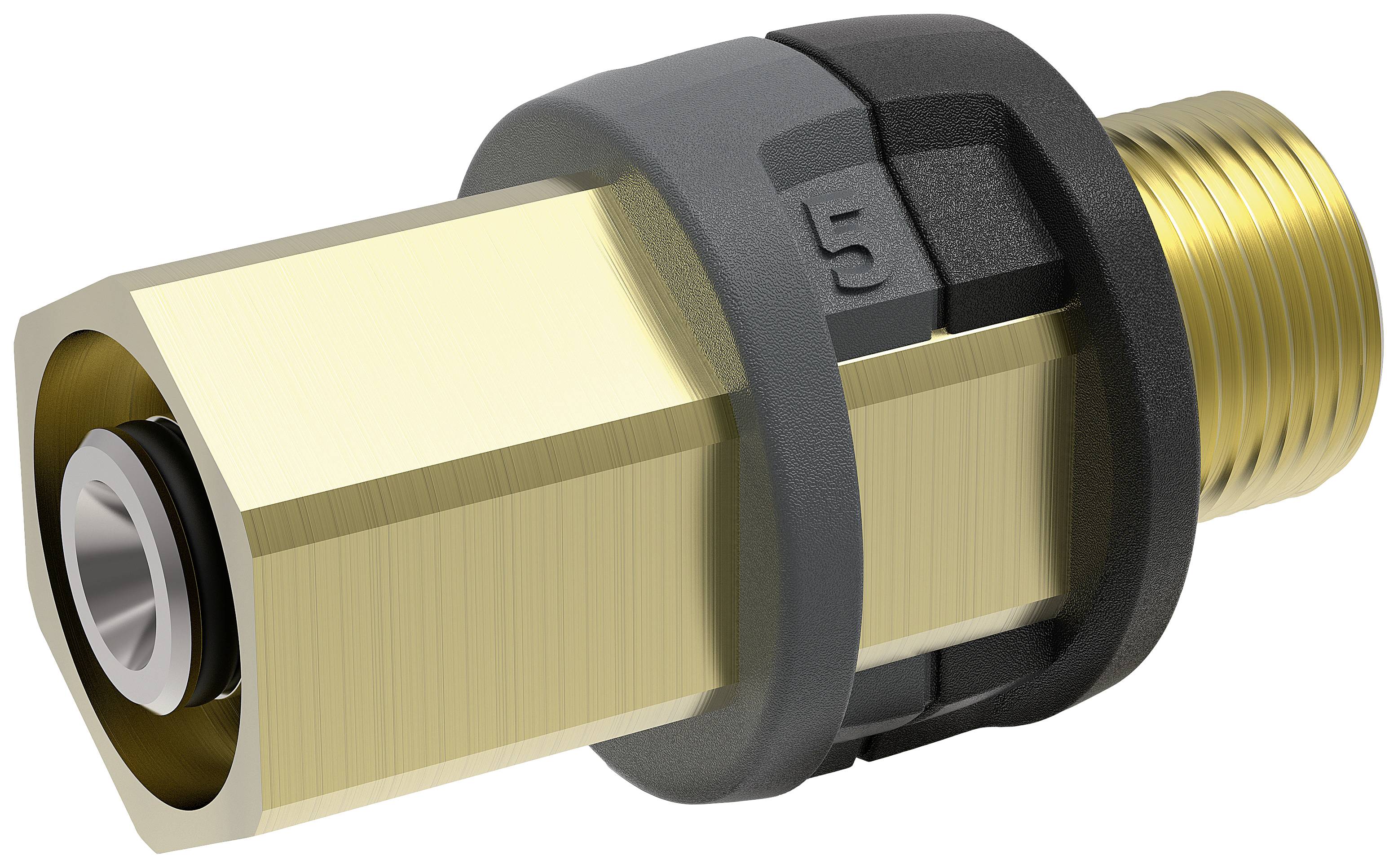 Brass connection with black plastic ring and external thread. Used in piping systems for connecting components.