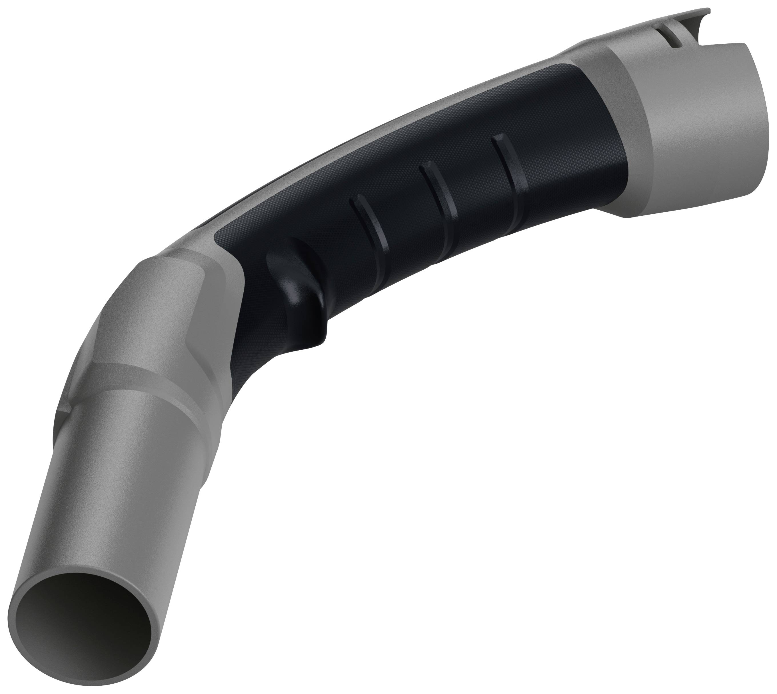 A grey and black curved pipe with a ribbed surface, potentially part of a technical or industrial system.
