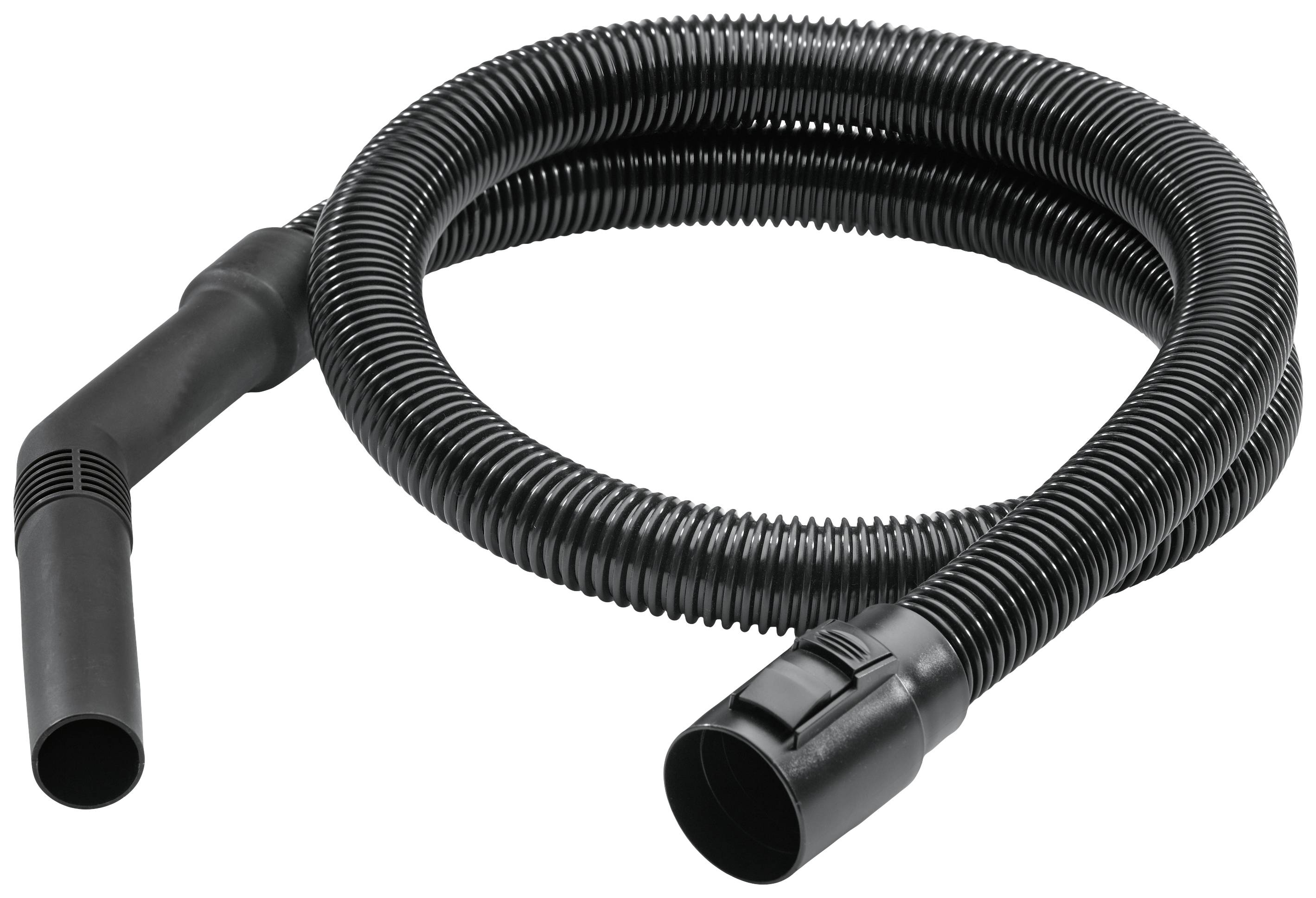 Black vacuum cleaner hose with curved handle piece, suitable for household vacuum cleaners.