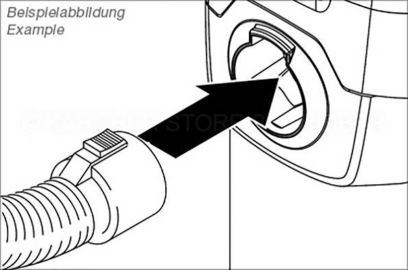 A hose is guided with an arrow to a port, showing the connection between two components.