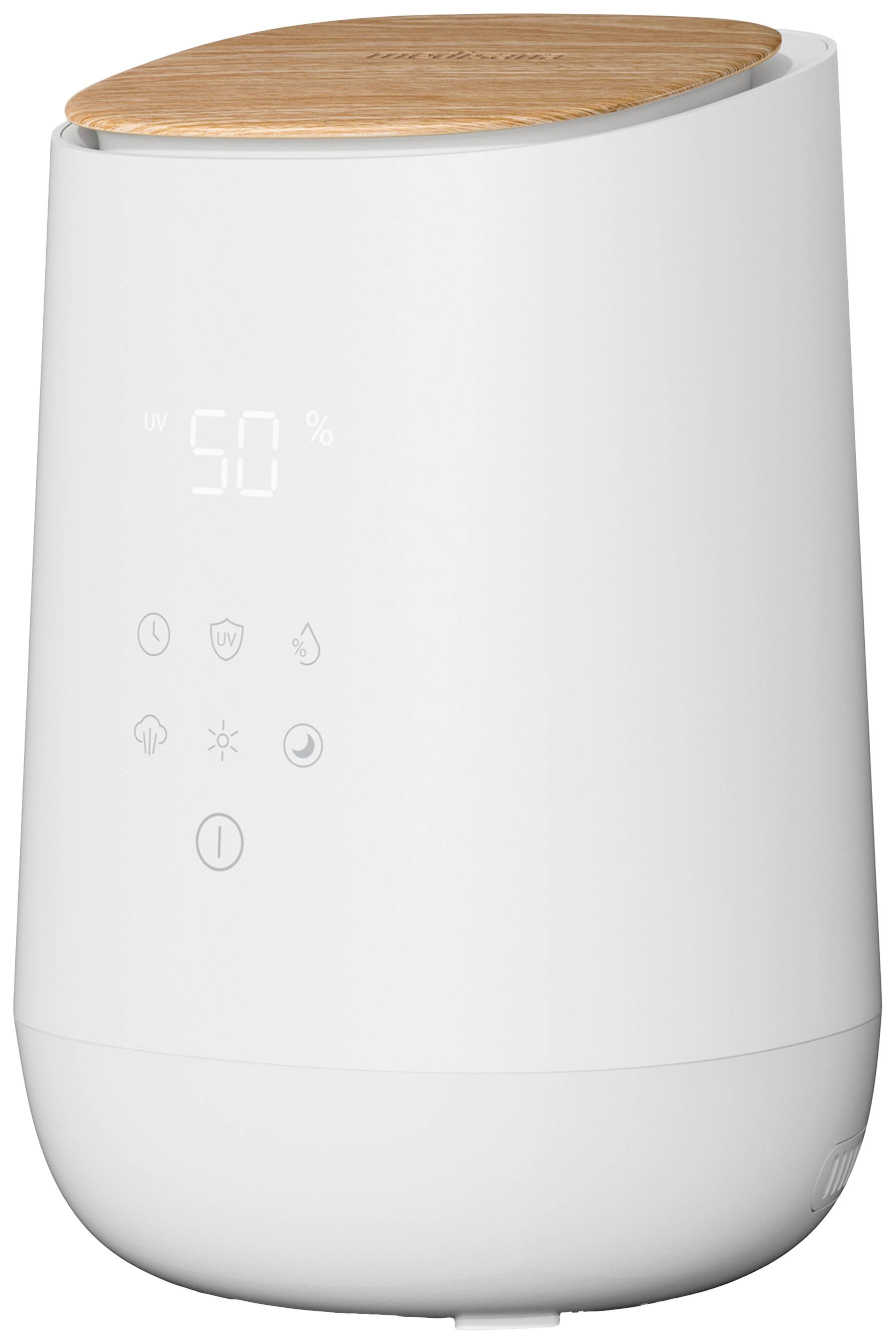 Modern air humidifier with digital display and wooden lid; indicates humidity at 50%. Touch controls for settings.