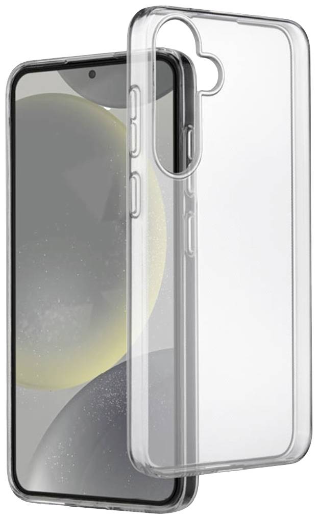 Transparent smartphone case enclosing a black smartphone with rounded corners to provide protection.