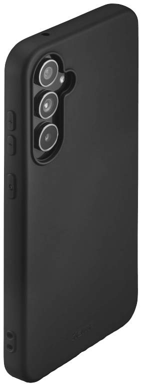 Smartphone in a black case, tilted slightly to the right, showing the back with three camera lenses and side control buttons.