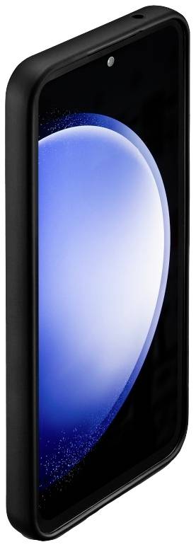 Smartphone with a black case, with a blue, light-reflecting design visible on the screen.
