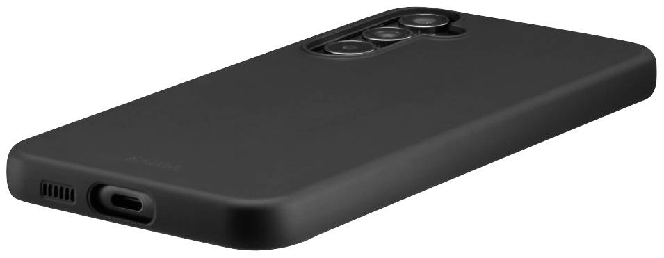 A black mobile phone case with three camera openings and an access point for the charging port, lies diagonally from a side view.