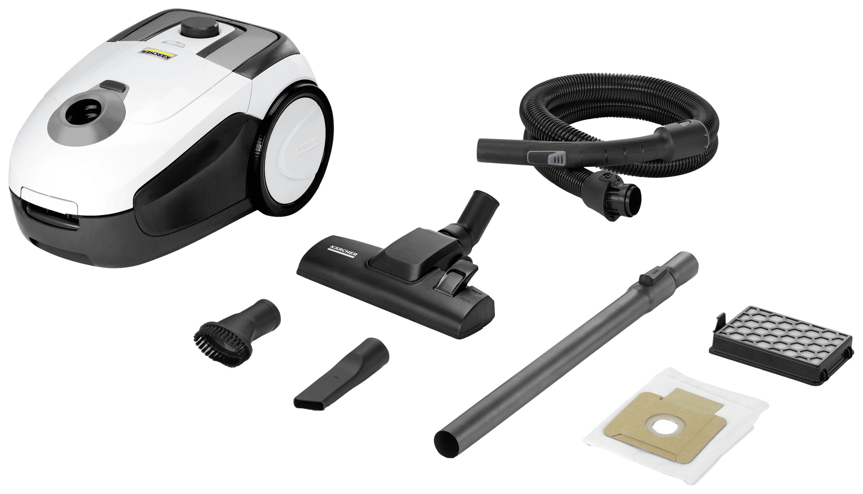 Vacuum cleaner set including main unit, hose, floor nozzle, brush attachments, extension tube, filter, and dust bag.