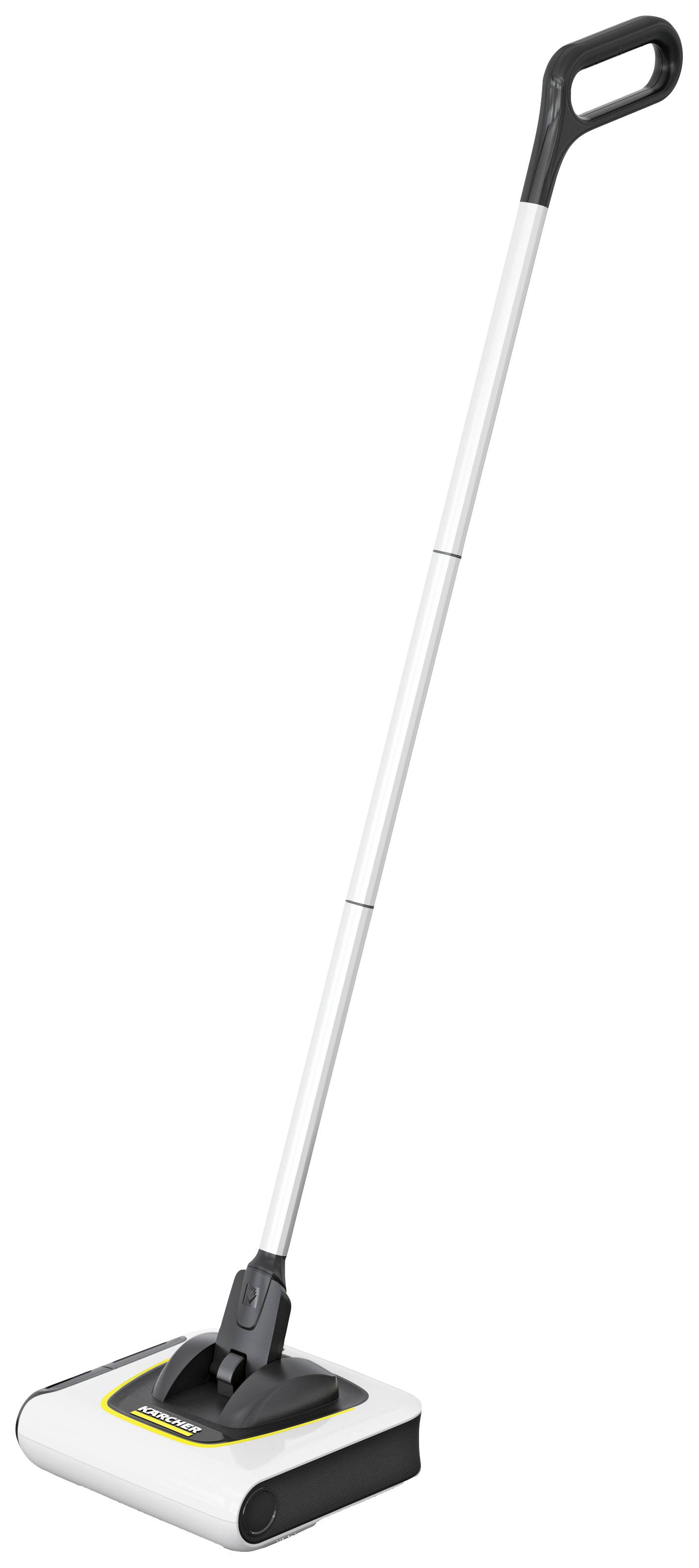 Electric broom with a long handle and white casing. Ideal for cleaning floors in homes or offices.