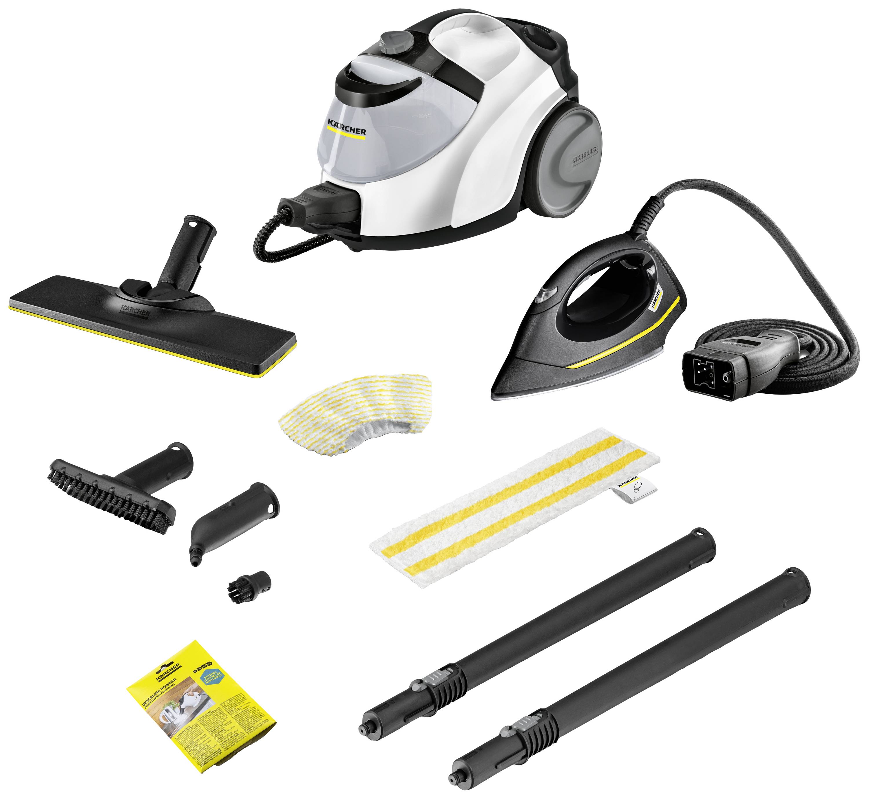 Steam Cleaner Set: Steam cleaning device, iron, floor nozzle, hand nozzle, round brush attachment, accessory rods, cleaning cloths.