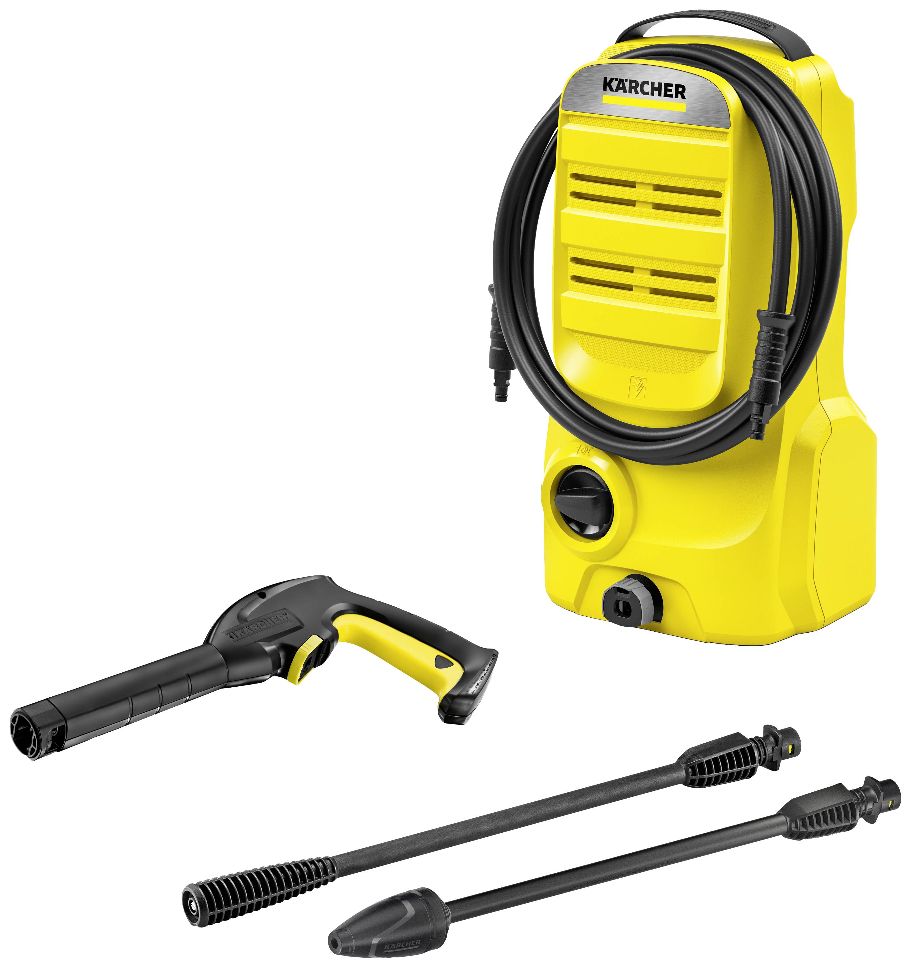 Image of a yellow high-pressure cleaner with two nozzle attachments and a black hose, with the KÄRCHER logo visible at the top.