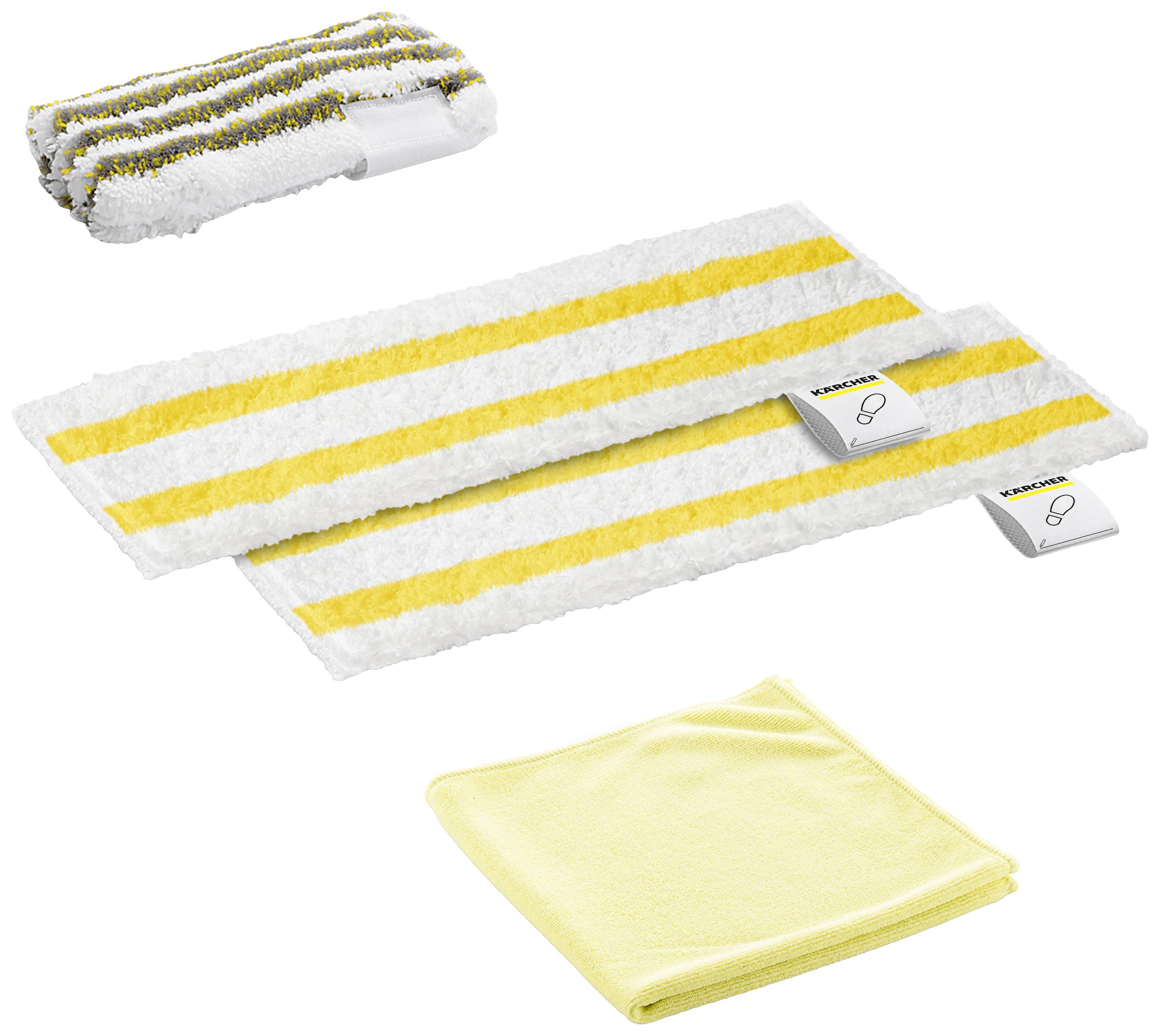 A set of two white cleaning cloths with yellow stripes and a yellow microfibre cloth, used for various cleaning applications.