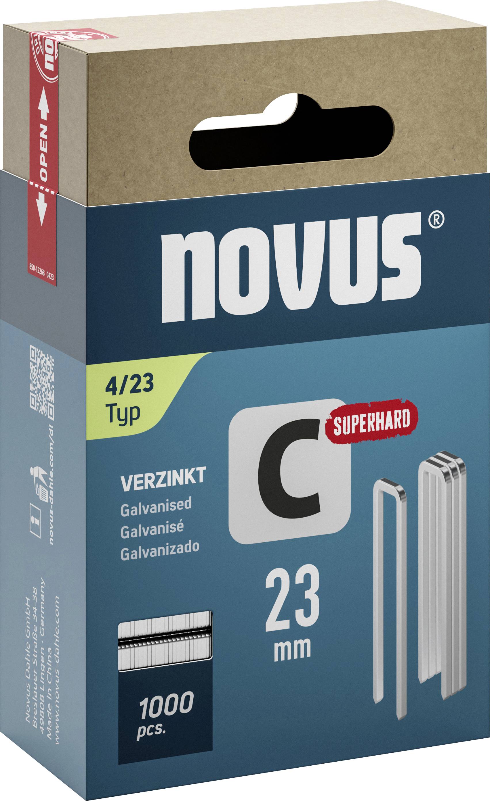 Box of 1000 galvanised staples, Type 23, size 23 mm, Superhard, by Novus. Includes image of staples.
