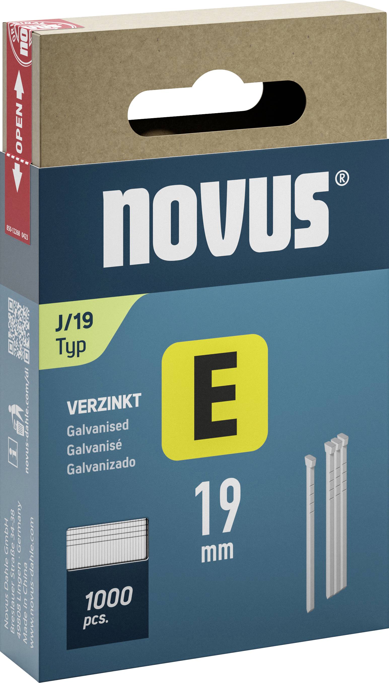 Box of staples, brand Novus, type J/19, galvanised, 19 mm, 1000 pieces. Contains product information in multiple languages.