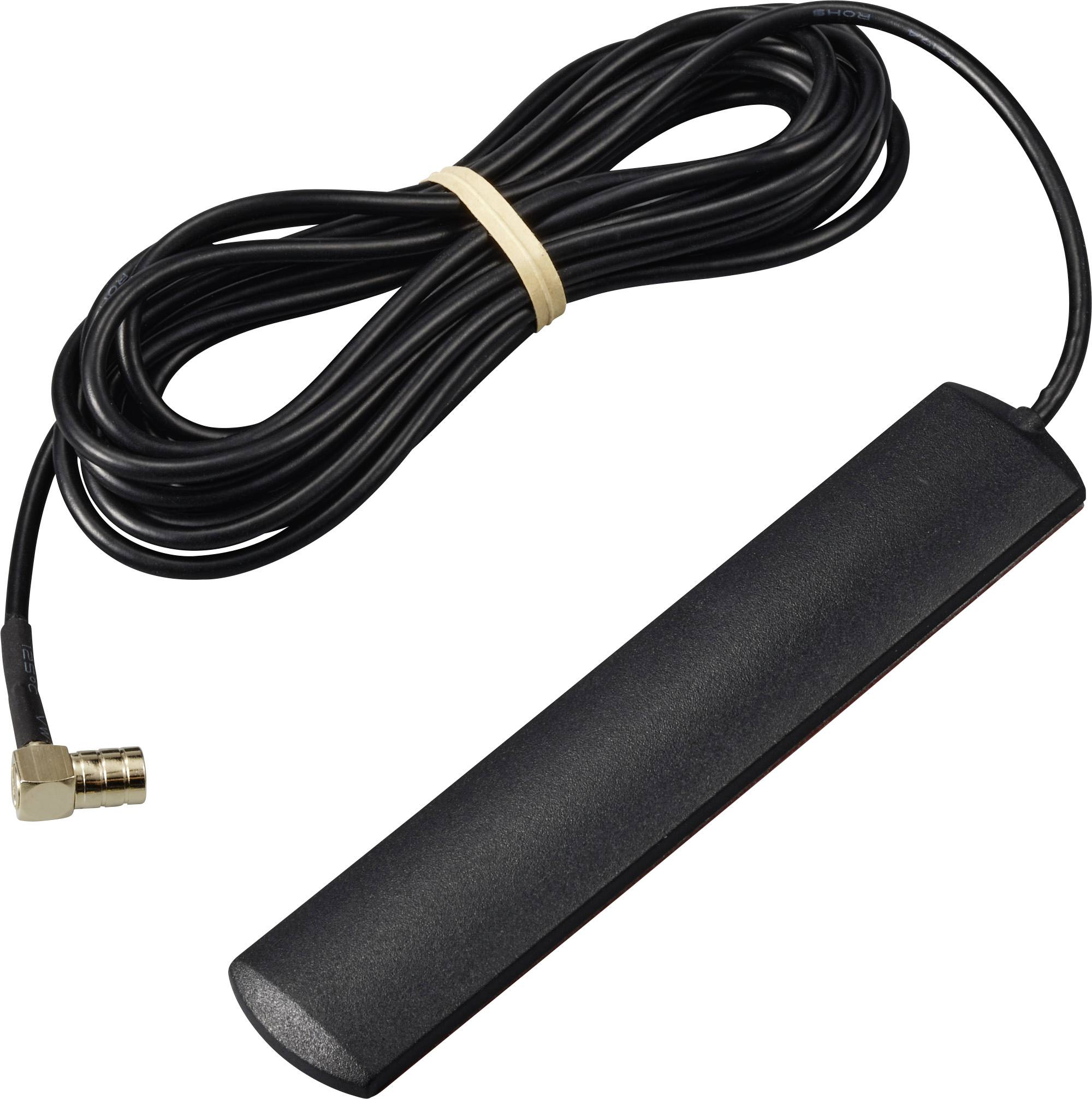 Black flat antenna with long cable and right-angled connector plug, for improving reception.