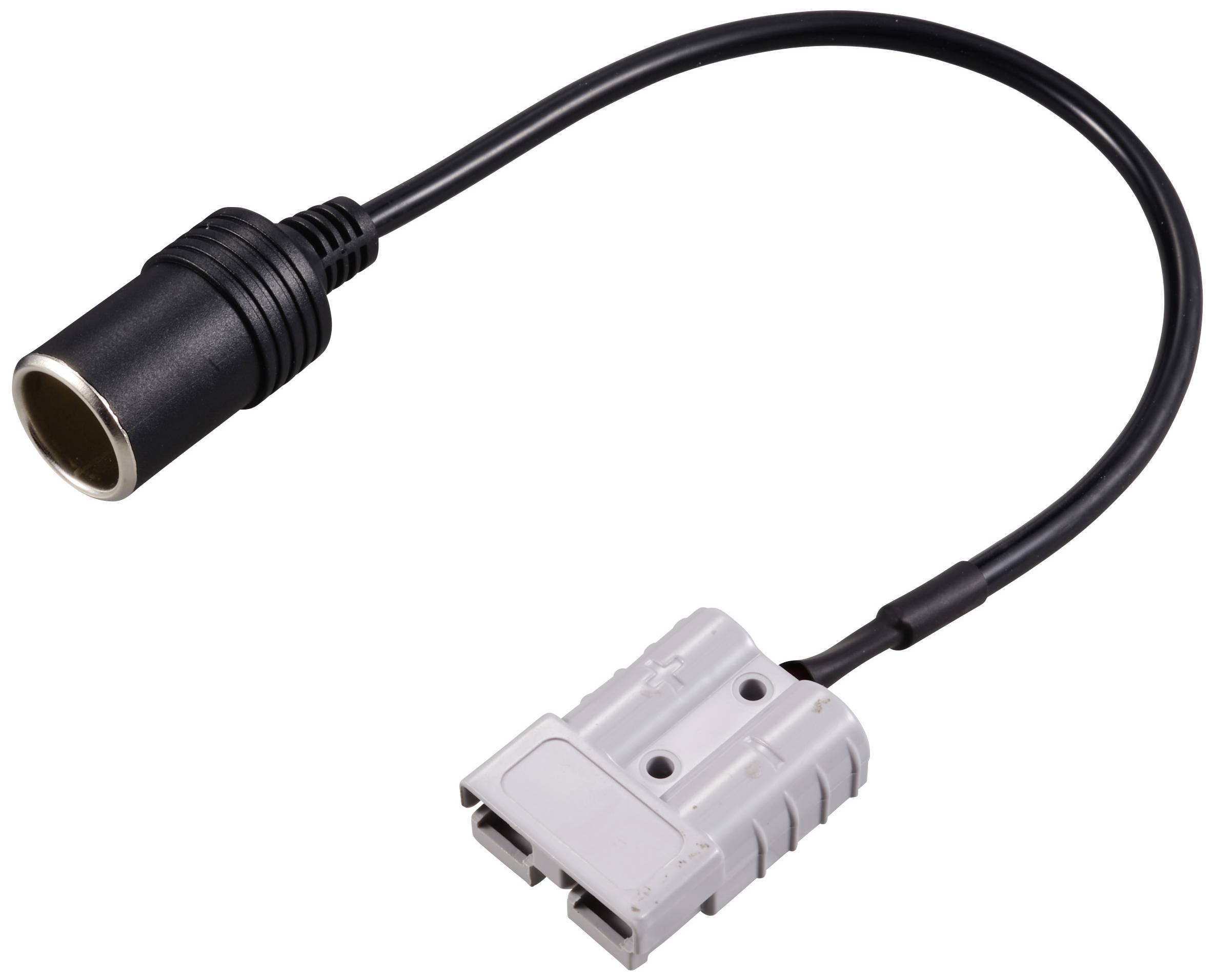 An adaptor cable with a grey connector on one side and a black cigarette lighter socket on the other.