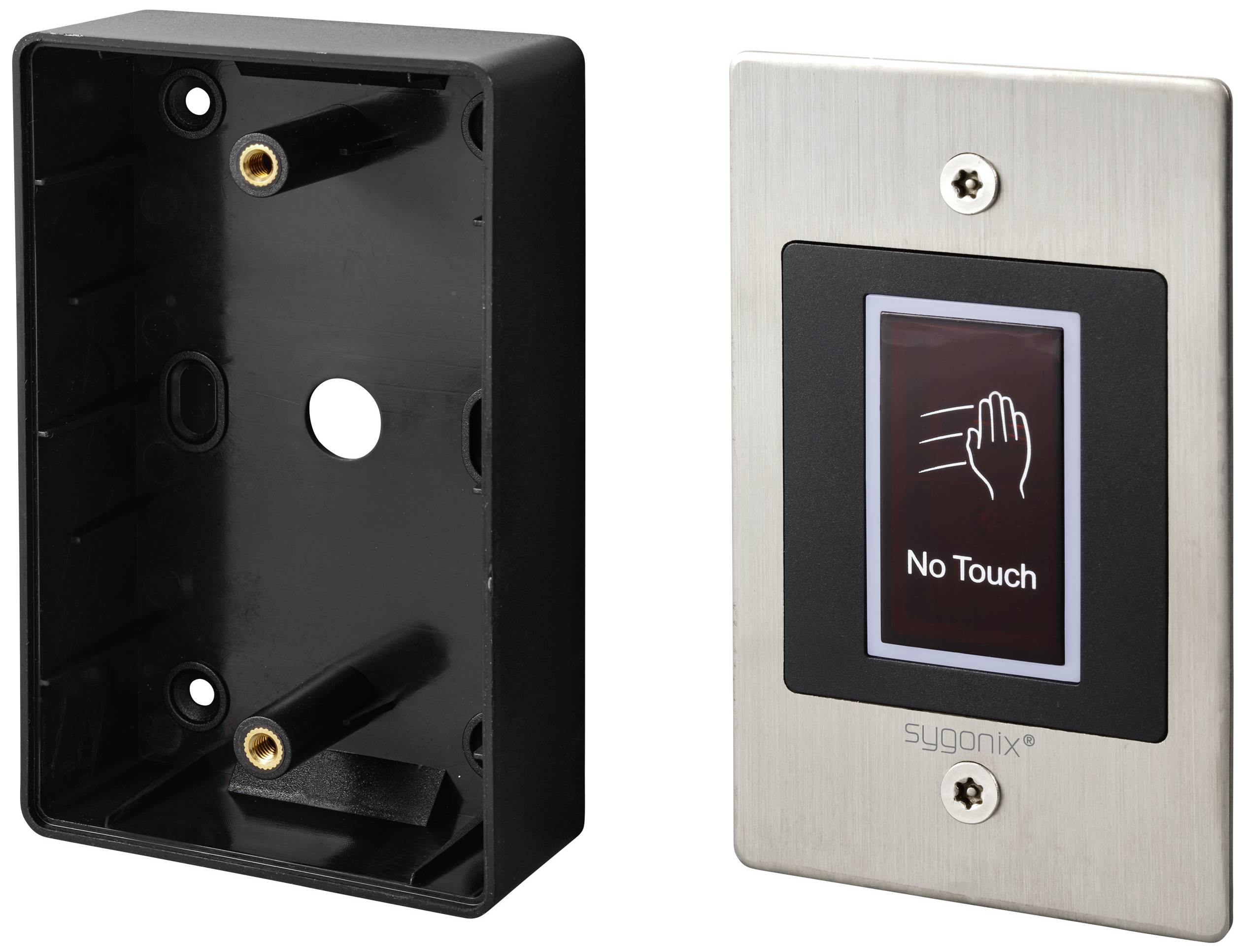 Contactless switch with metal frame, 'No Touch' labelling and black sensor field. Suitable for hygienic applications.