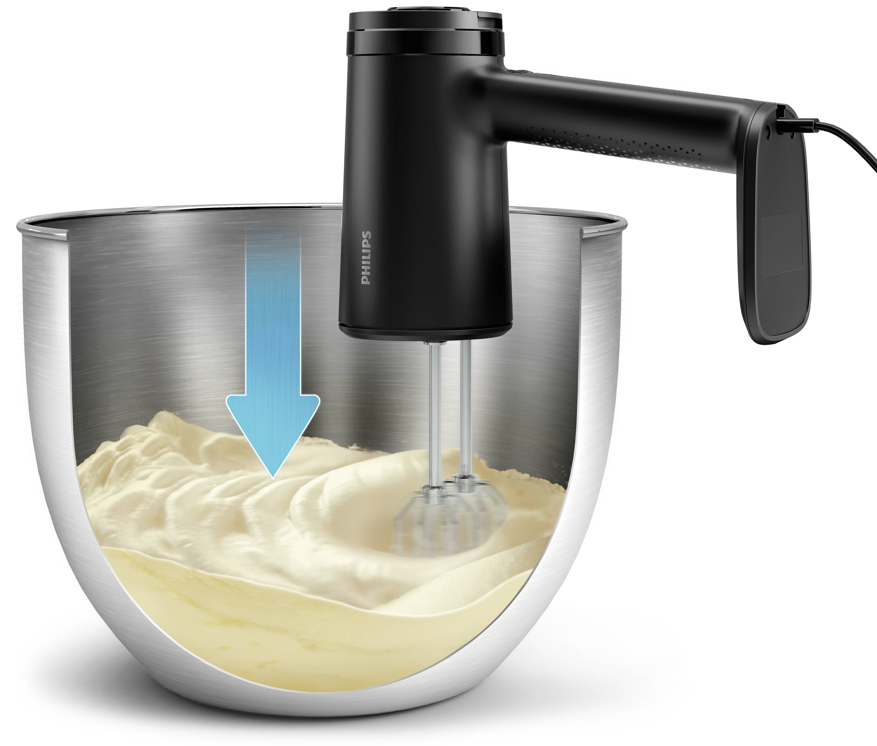 An electric hand mixer is whisking dough in a stainless steel mixing bowl. A blue arrow graphic indicates the mixing motion.