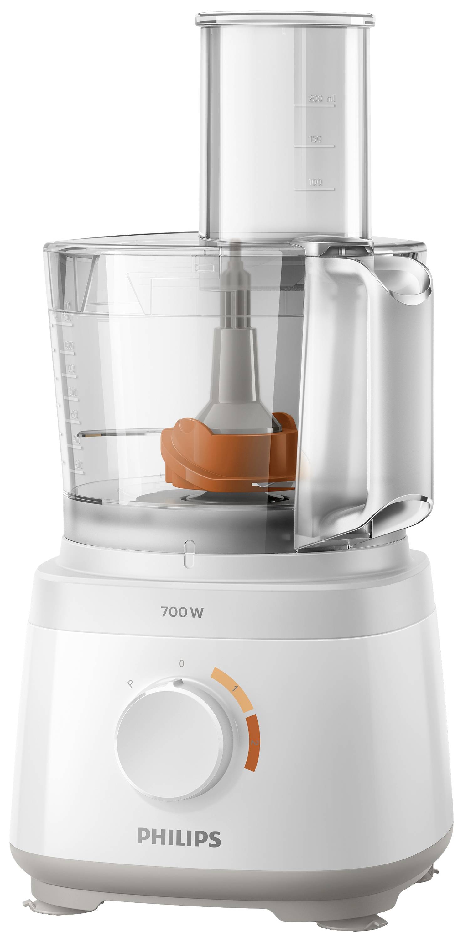 Kitchen food processor made of plastic with 700-watt power, transparent mixing bowl, lid with filling chute and rotary speed control.
