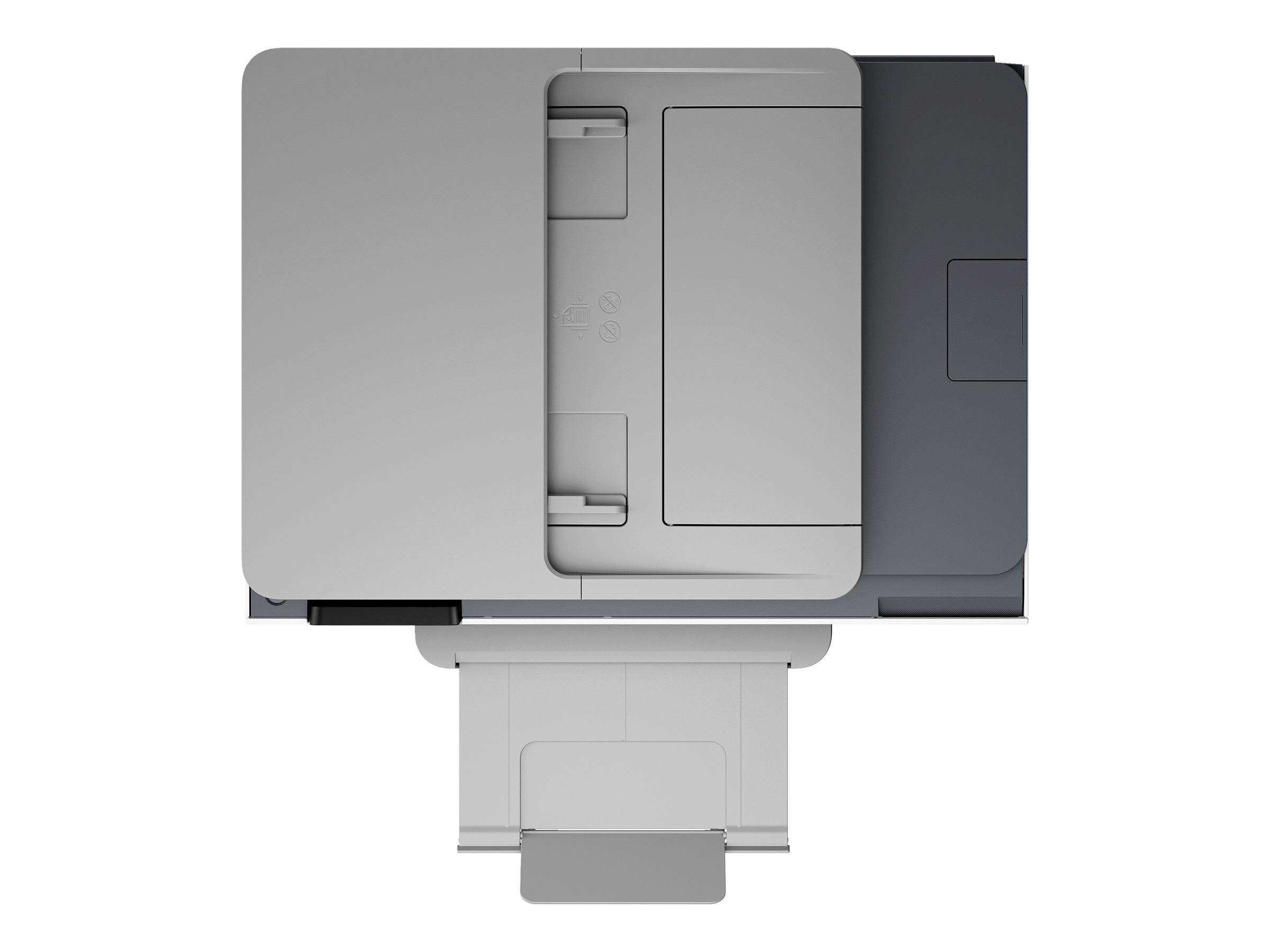 Top-down view of a grey printer with an open paper tray, suitable for office environments for efficient document output.