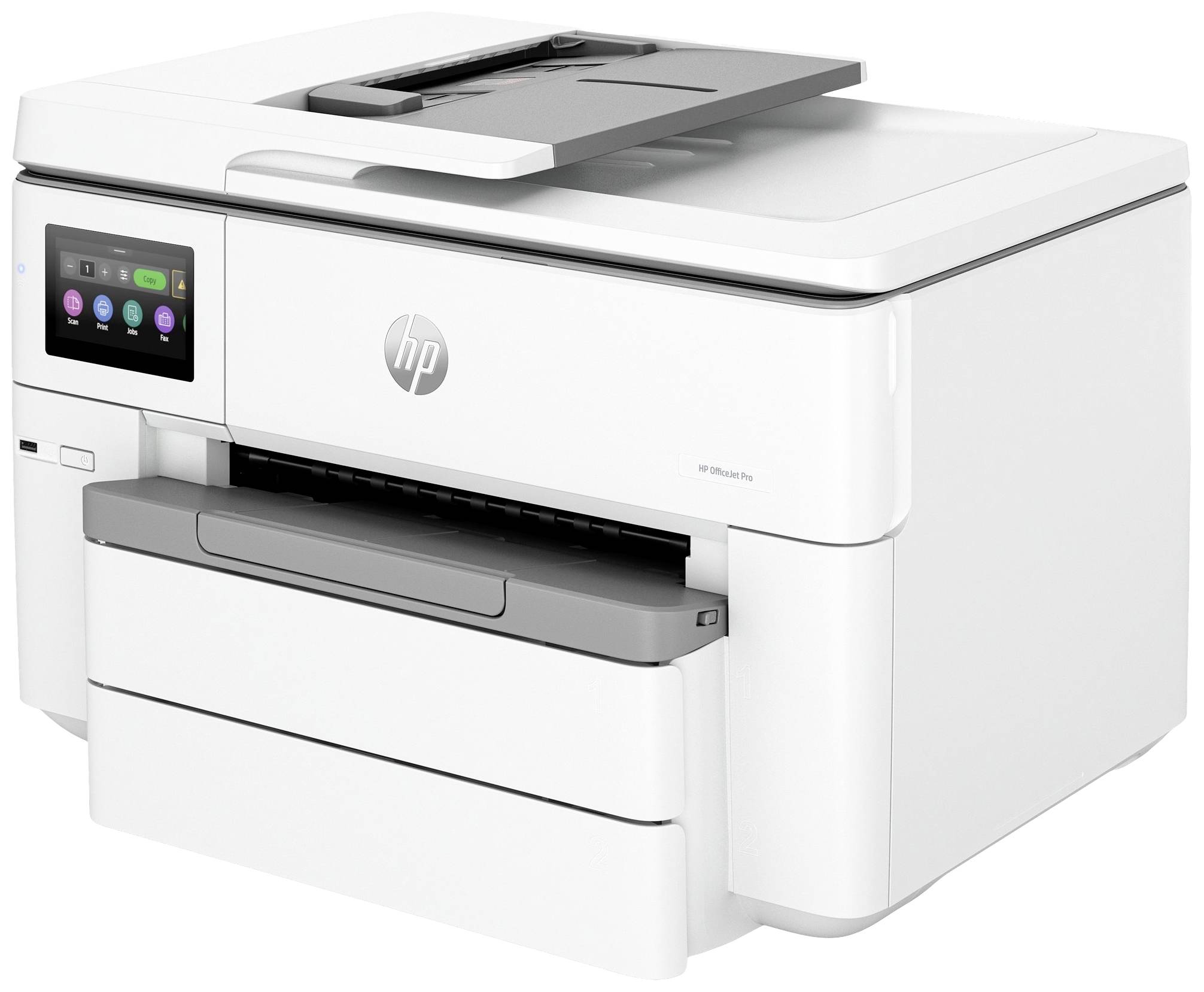 A white printer with a display and paper output. The logo of a well-known printer manufacturer is visible on it.