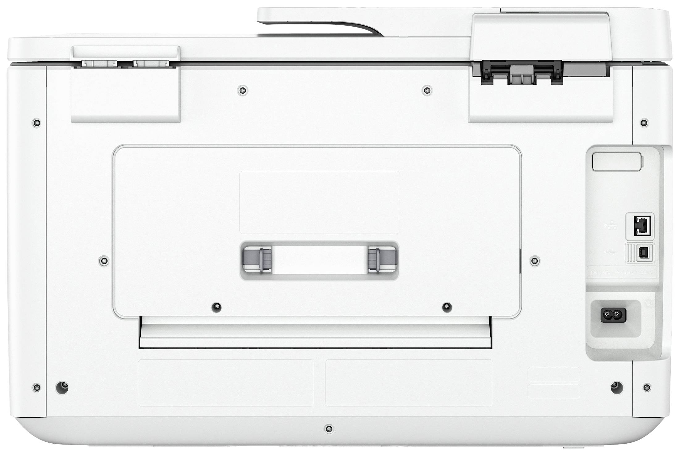 Rear view of a white printer with visible ports and power cable connection on the right-hand side.