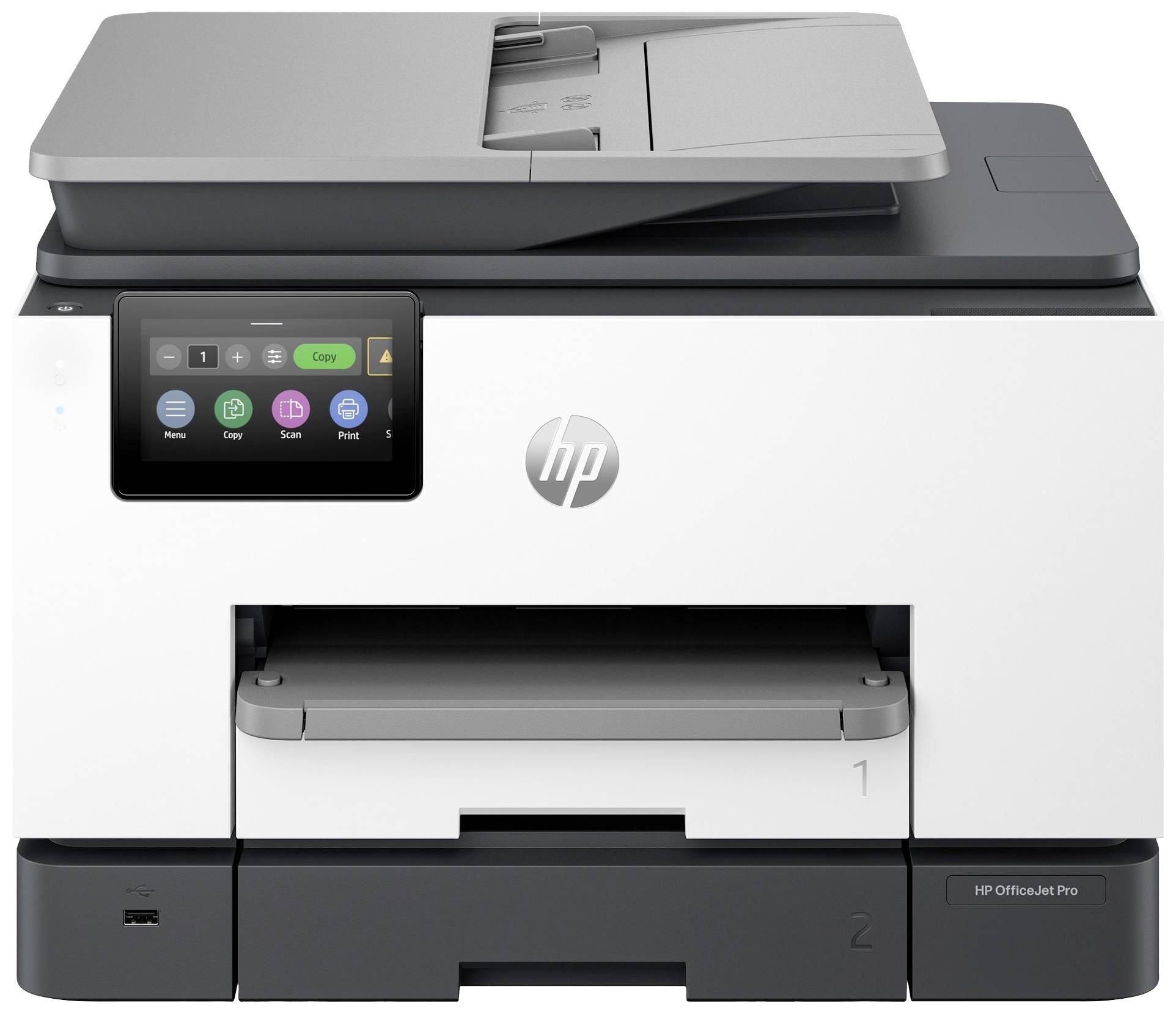 A modern printer with a digital display and multiple function buttons, suitable for office applications, sits on a desk.