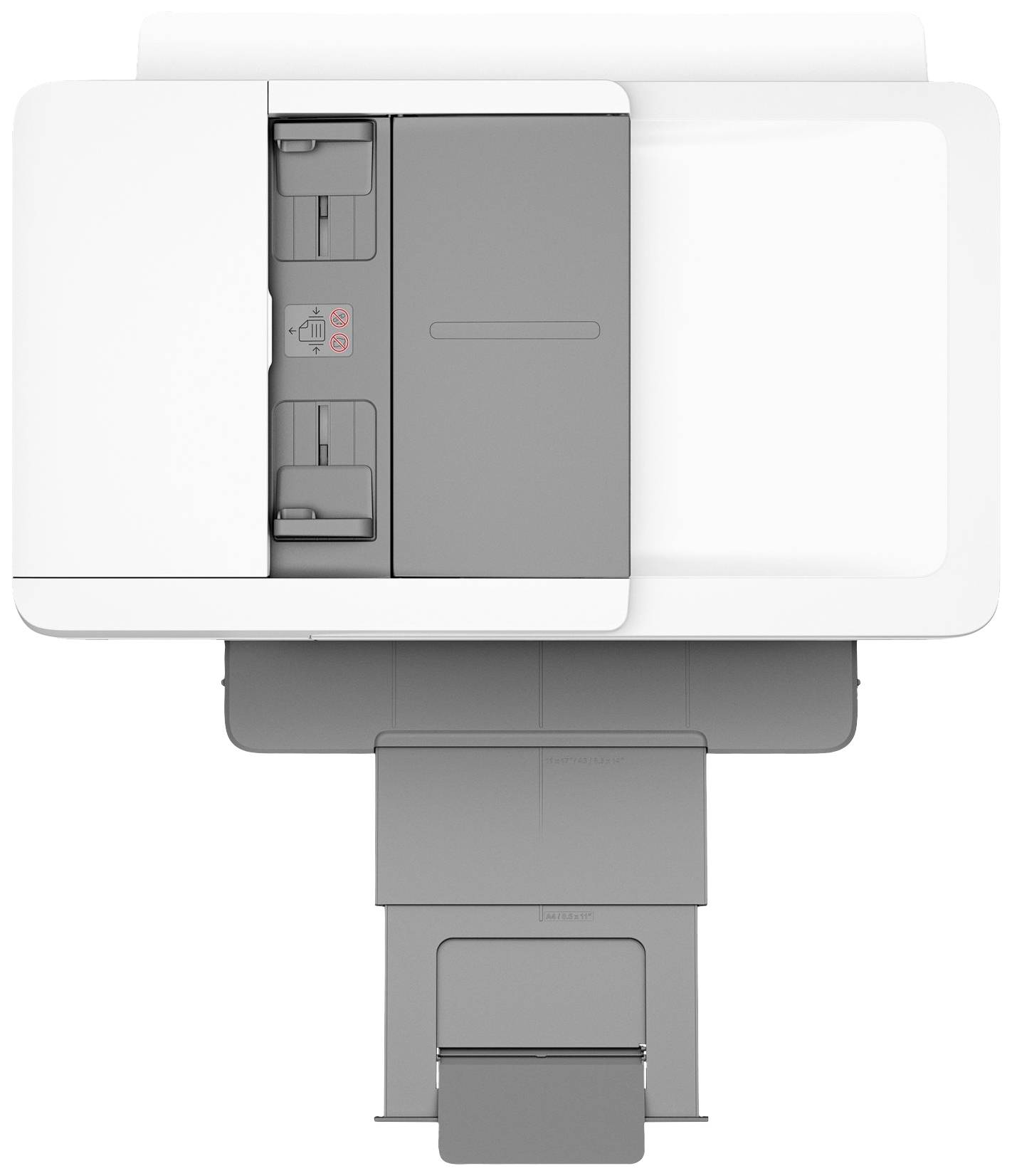 Printer viewed from above, showing paper feed and output tray. Main colours are white and grey. Functionality for office use.