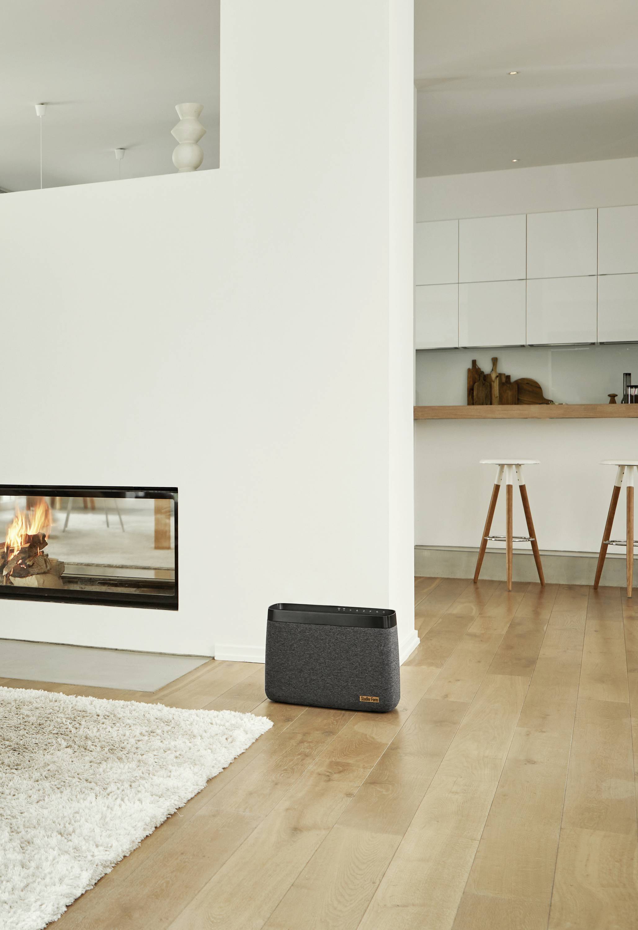 Living room with a contemporary fireplace and wooden flooring; a black speaker is positioned on the wall. Kitchen visible in the background.