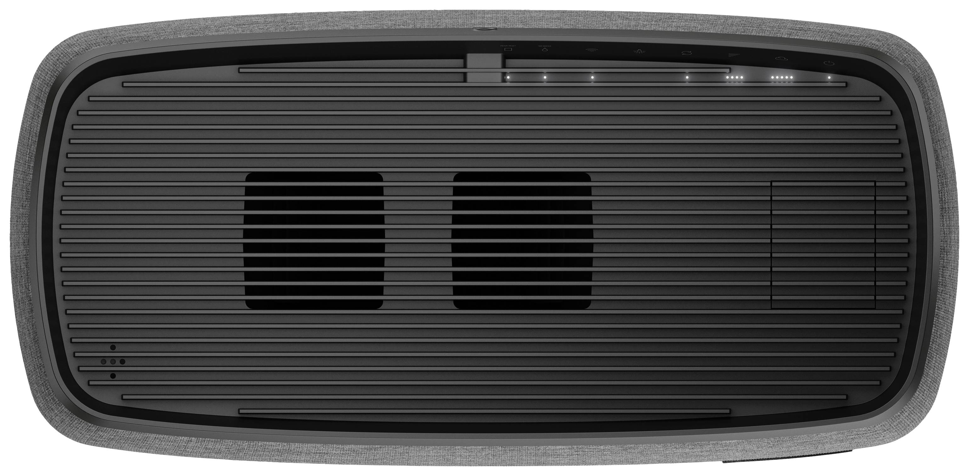 Air purifier viewed from above, rectangular, black, with ventilation grilles and control elements on the top surface.
