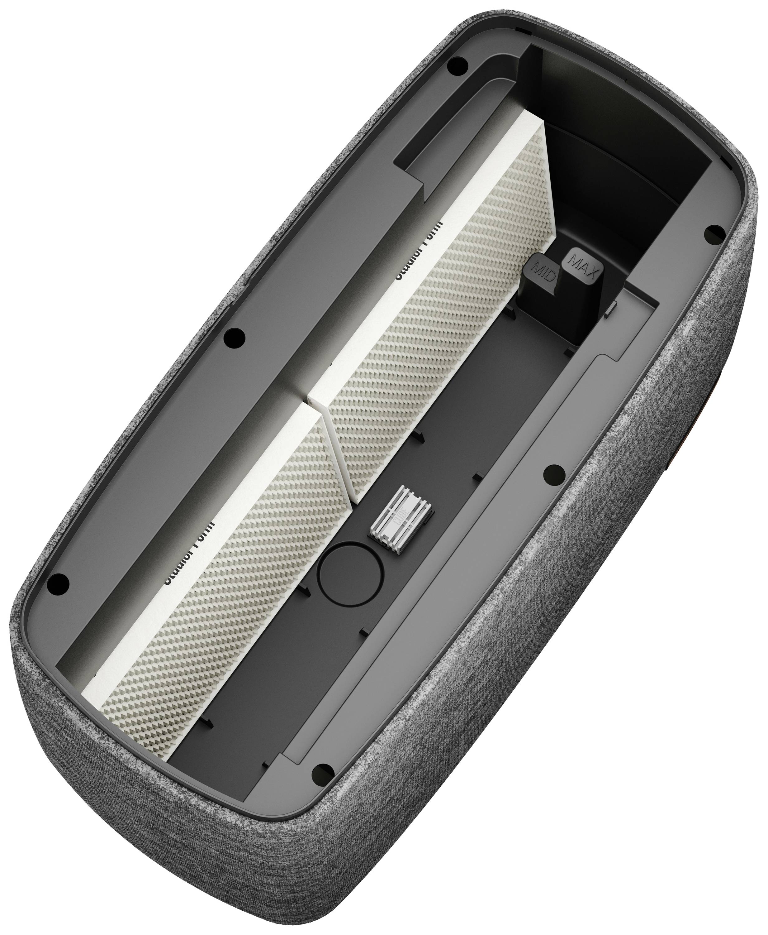 Open casing of a speaker with a grey fabric-covered edge and exposed white grille. Shows internal components.