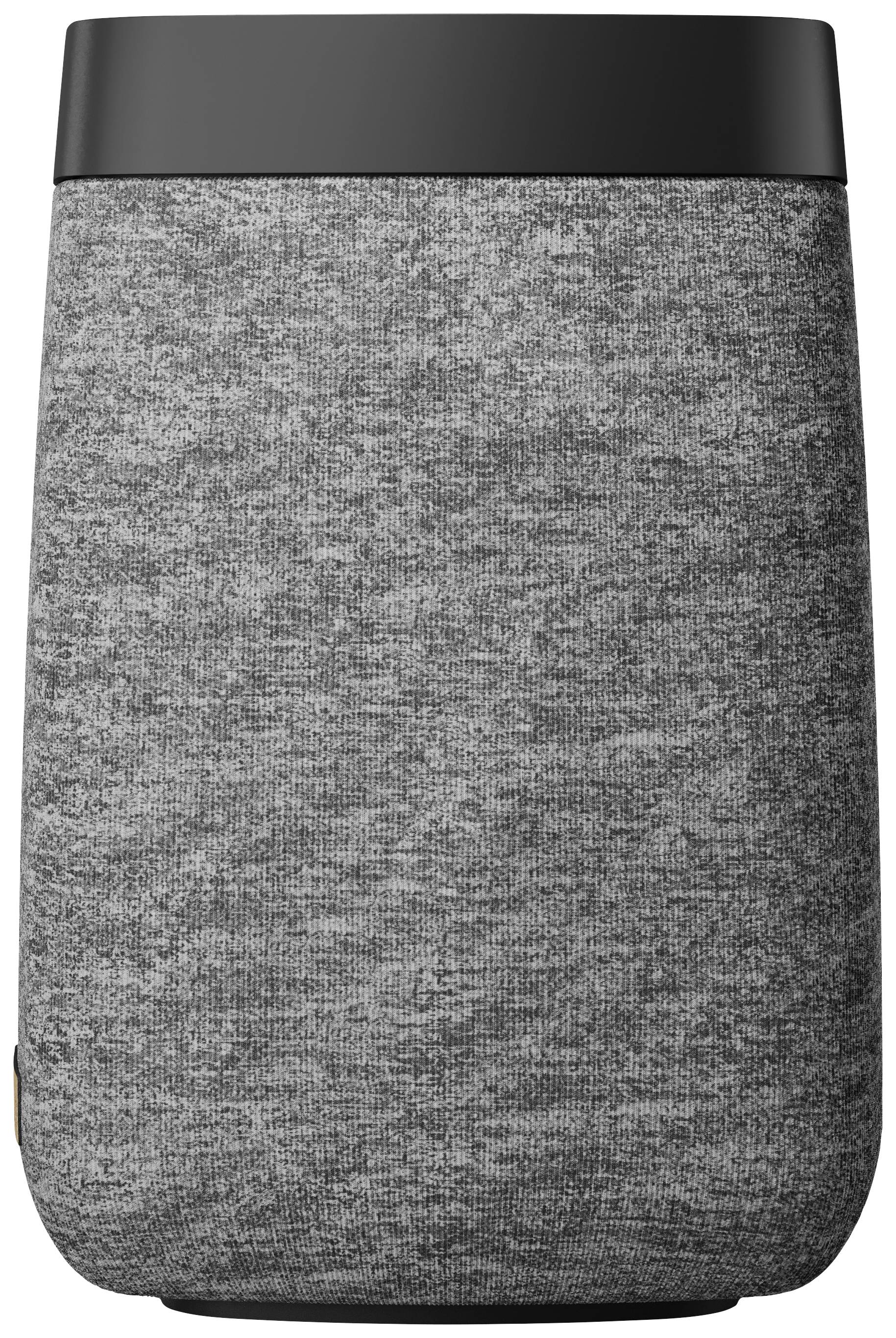 Grey, cylindrical speaker with a black lid.