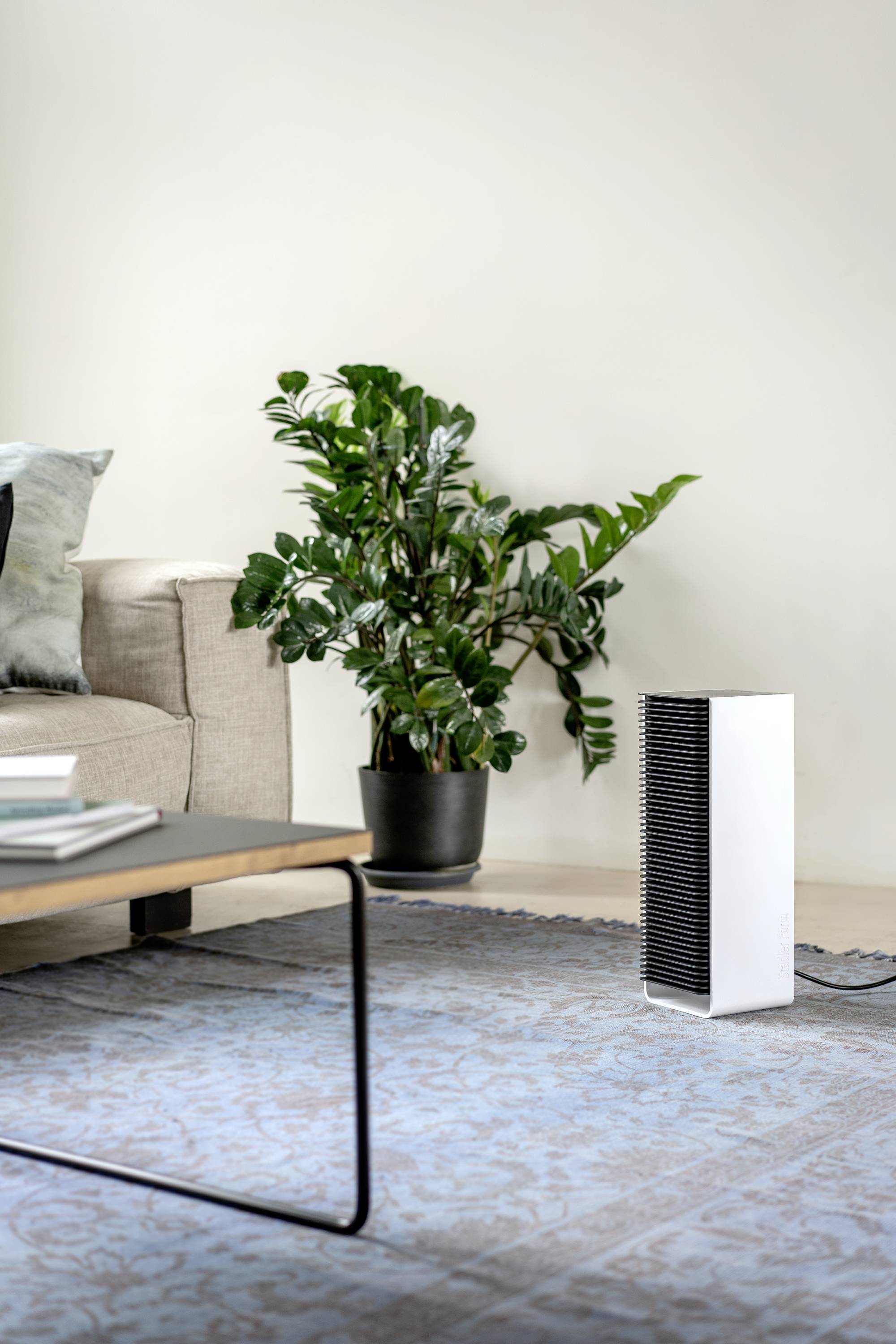 A contemporary room with a beige sofa, a side table, a green houseplant, and a white air purifier on a blue carpet.