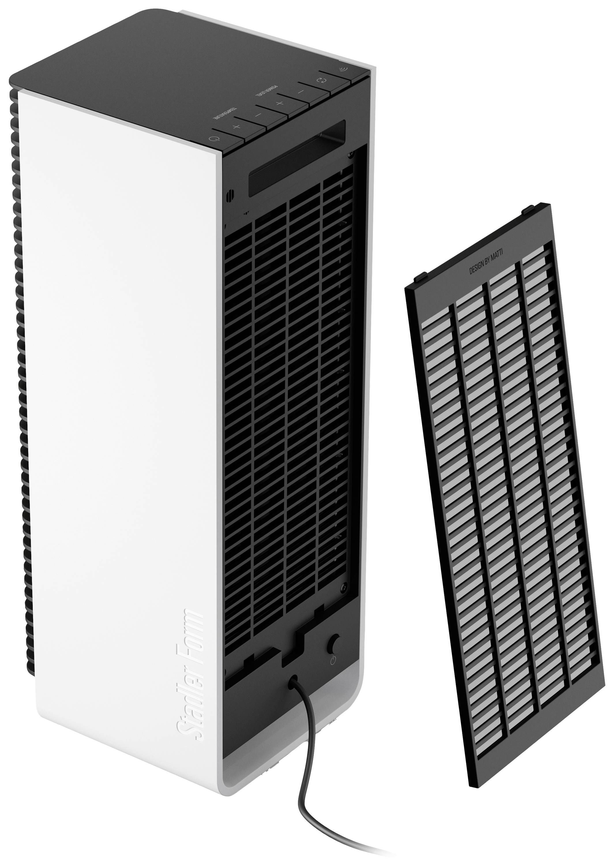 Air purifier with removed filter, back panel open. Shows device and separate filter for maintenance or cleaning.