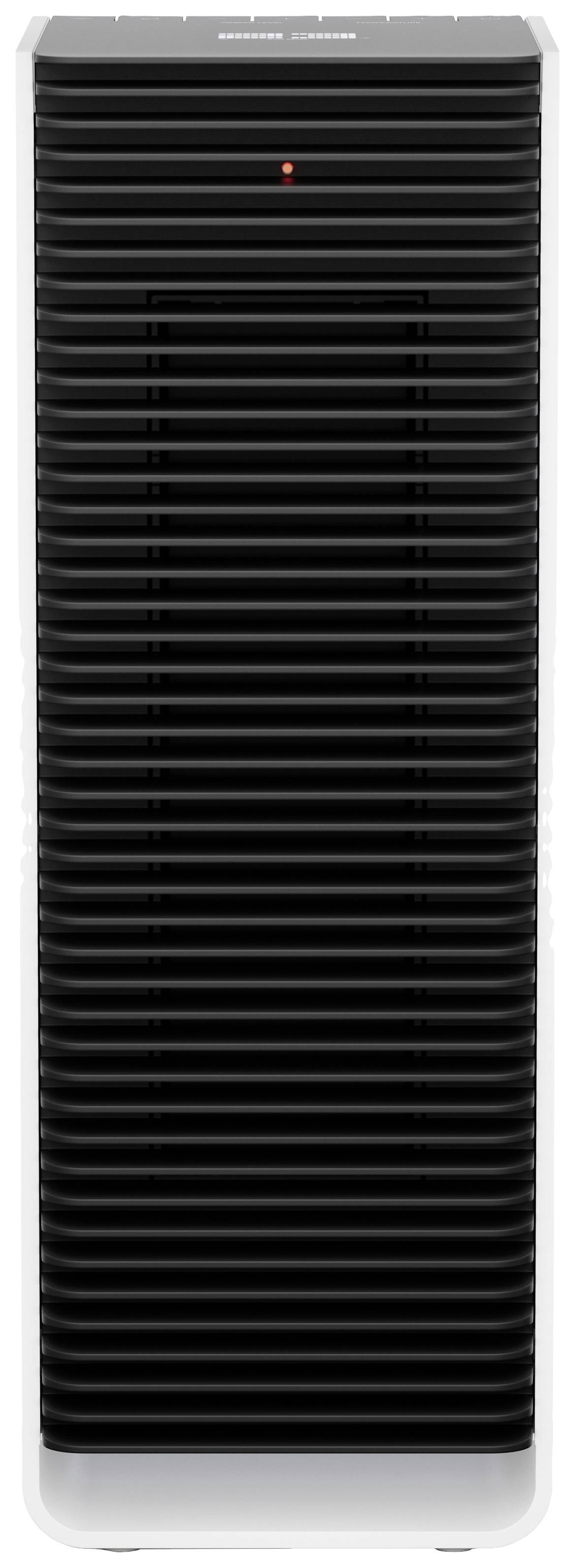 A black, rectangular speaker with horizontal grooves, standing upright. A small red control light illuminates at the top.