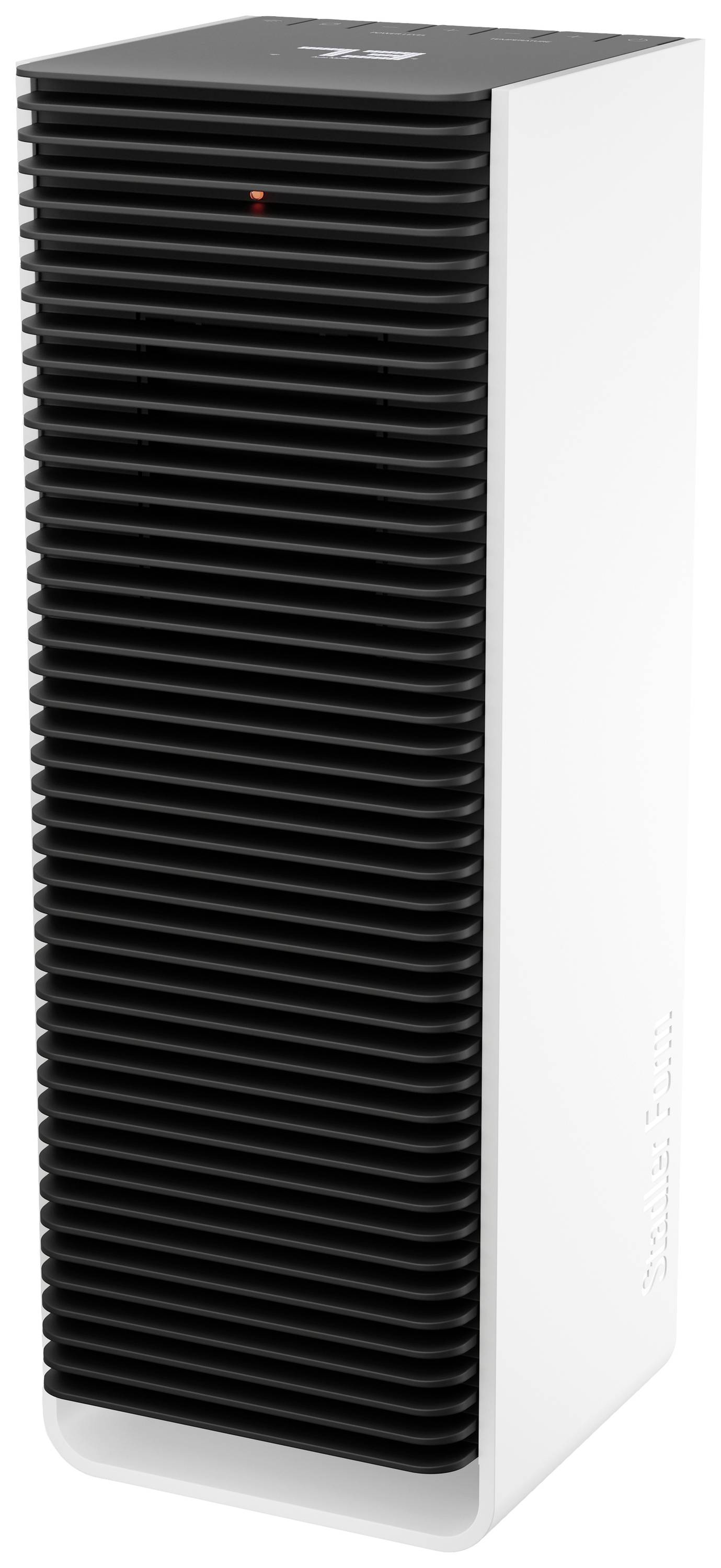 A white and black air purifier in a tower-like shape with a ventilation grille on the front.