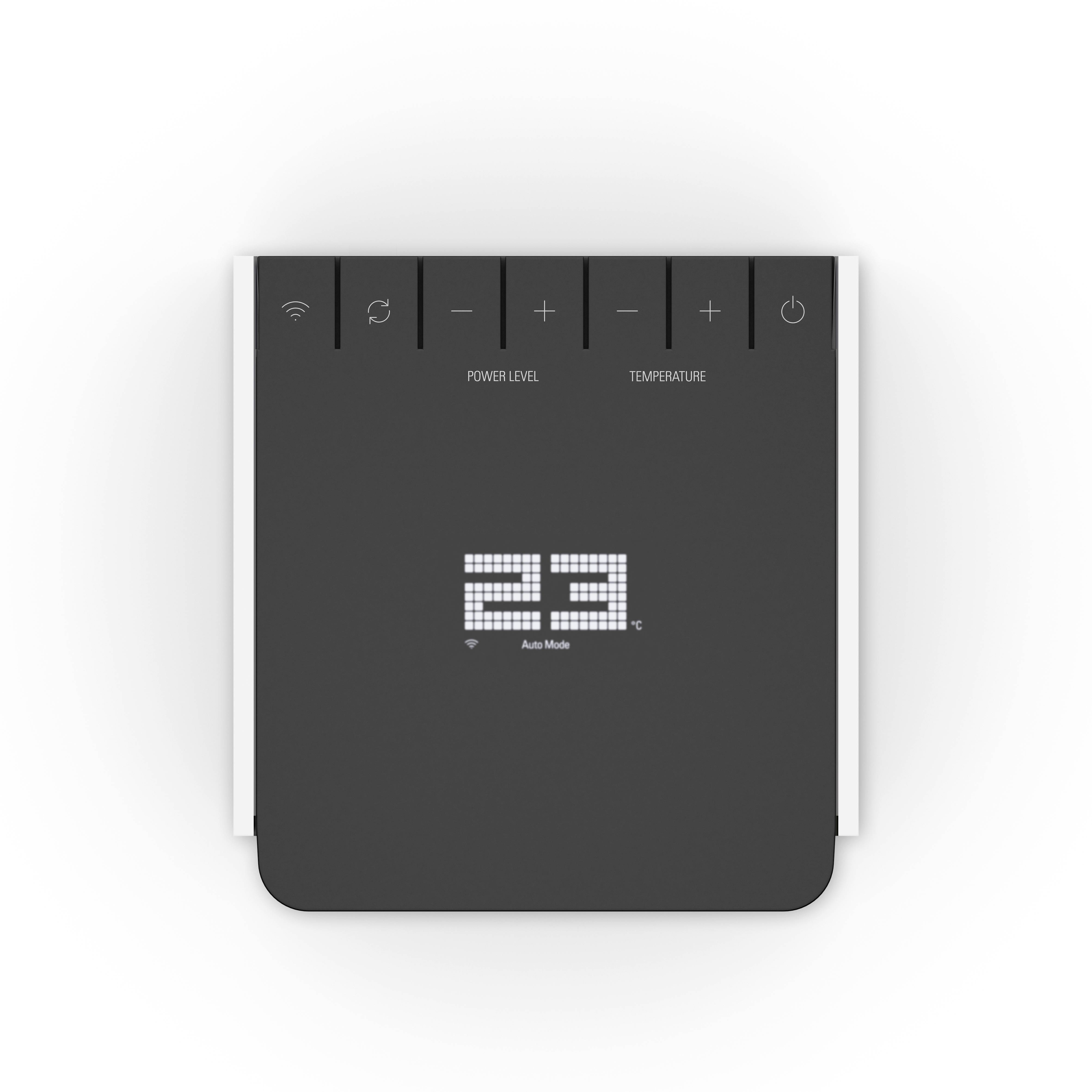 Display of a modern thermostat, showing '23' degrees Celsius in automatic mode. Symbols for Wi-Fi and control are located at the top.