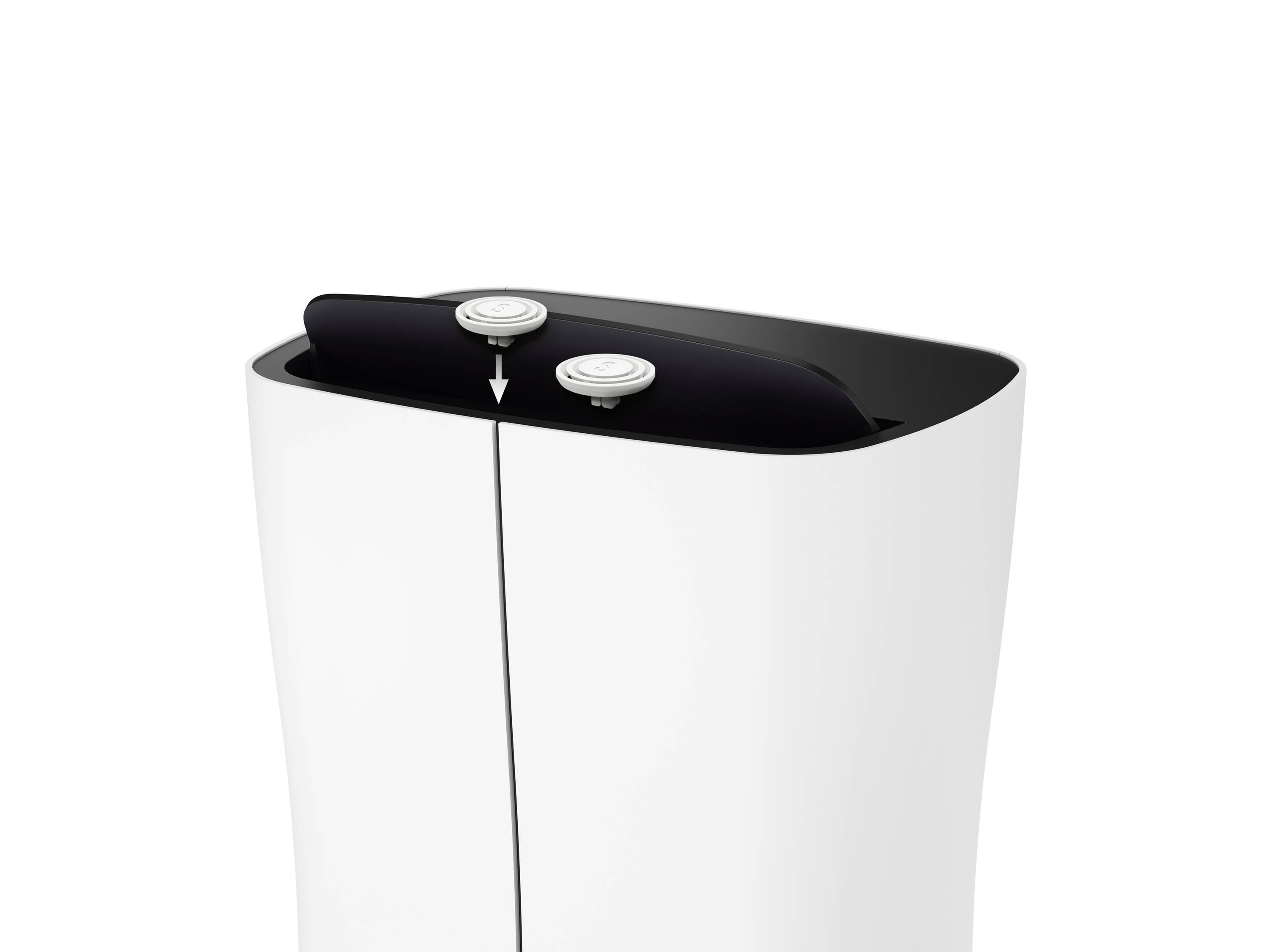 An elegant white container with a black lid and two silver dials, one with an arrow pointing downwards beneath it.