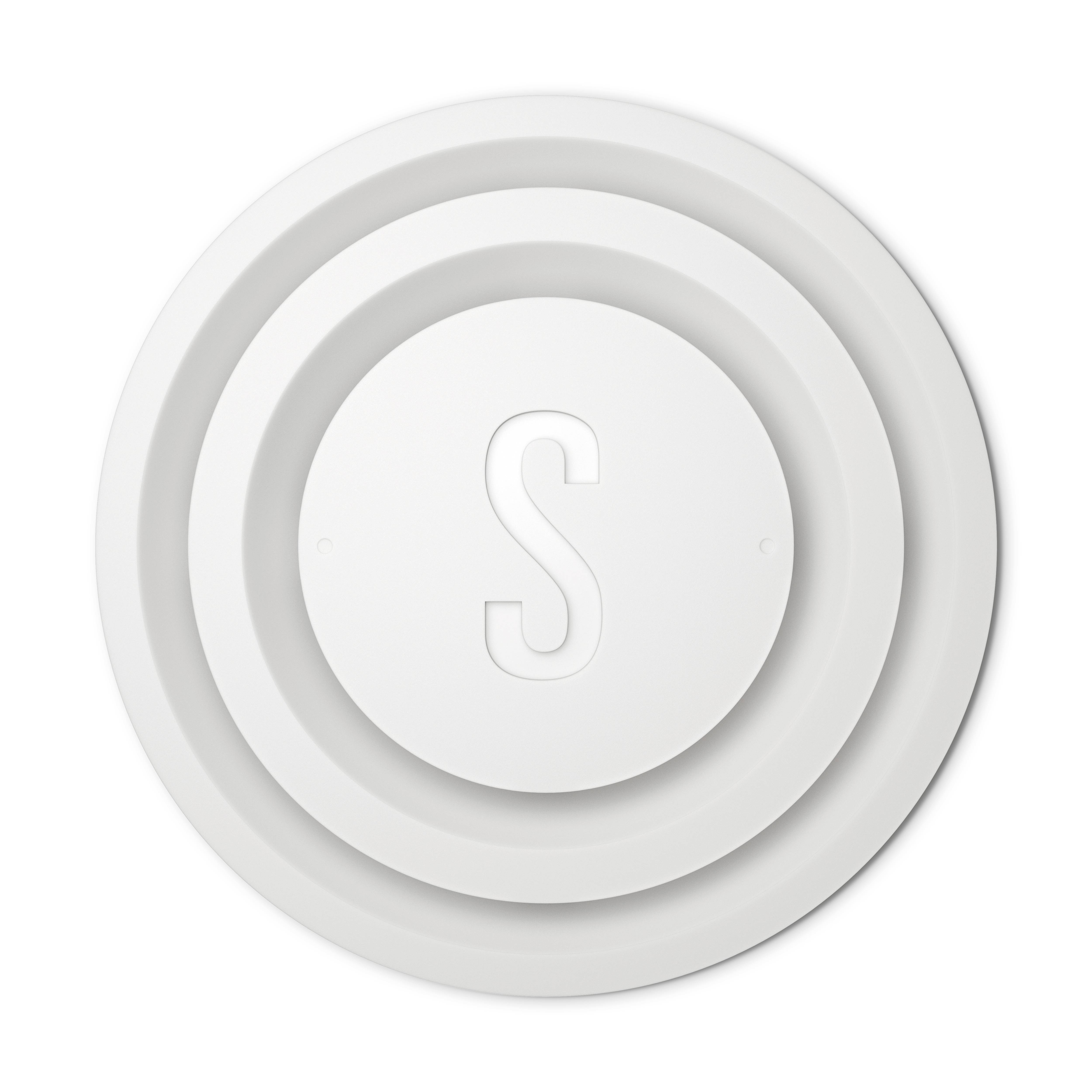 A white circle with concentric rings, with a large 'S' in its centre.