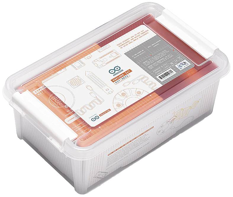 A transparent plastic box containing an Arduino kit with instructions and electronic components, identifiable by the Arduino logo.