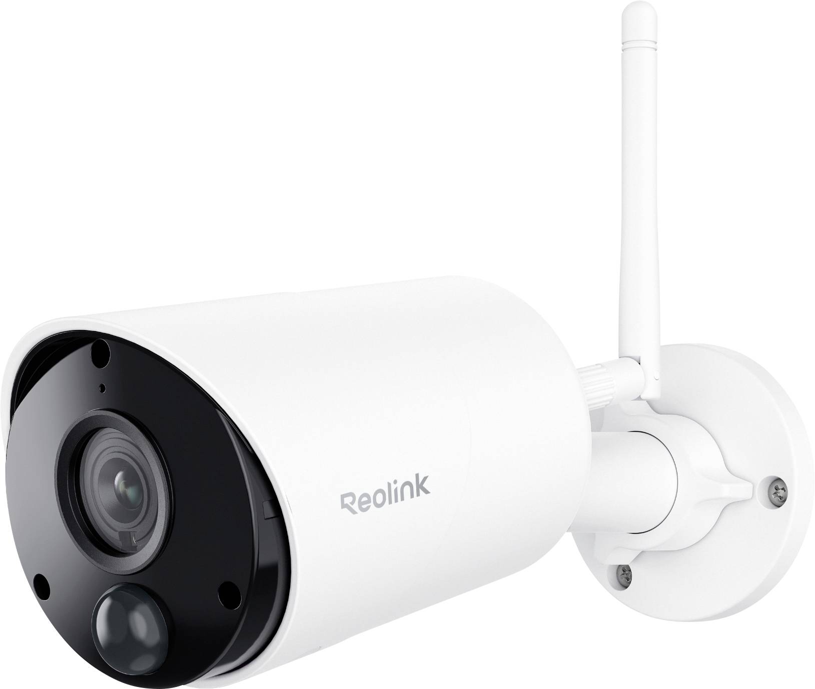 A white Reolink security camera mounted on a wall, featuring a lens, infrared sensors, and an antenna for wireless connectivity.