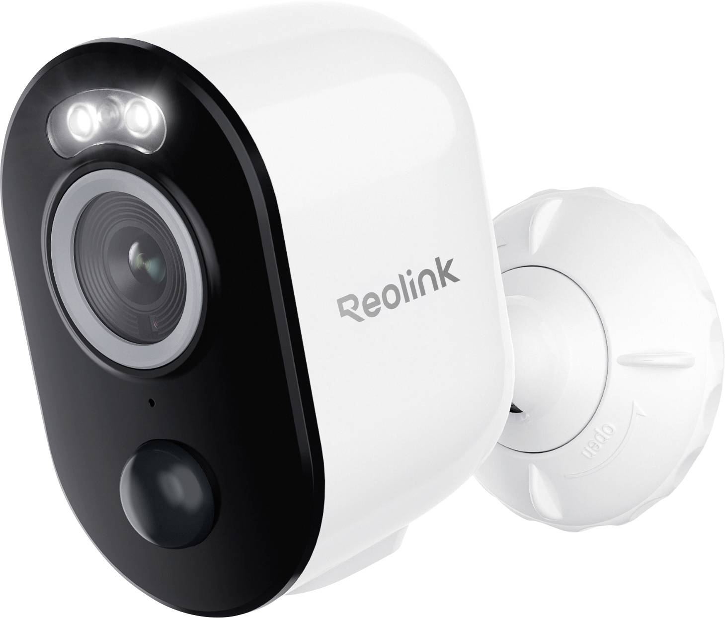 'Reolink security camera' showing lens, night vision lights, and mounting base, highlighting modern design features for surveillance.