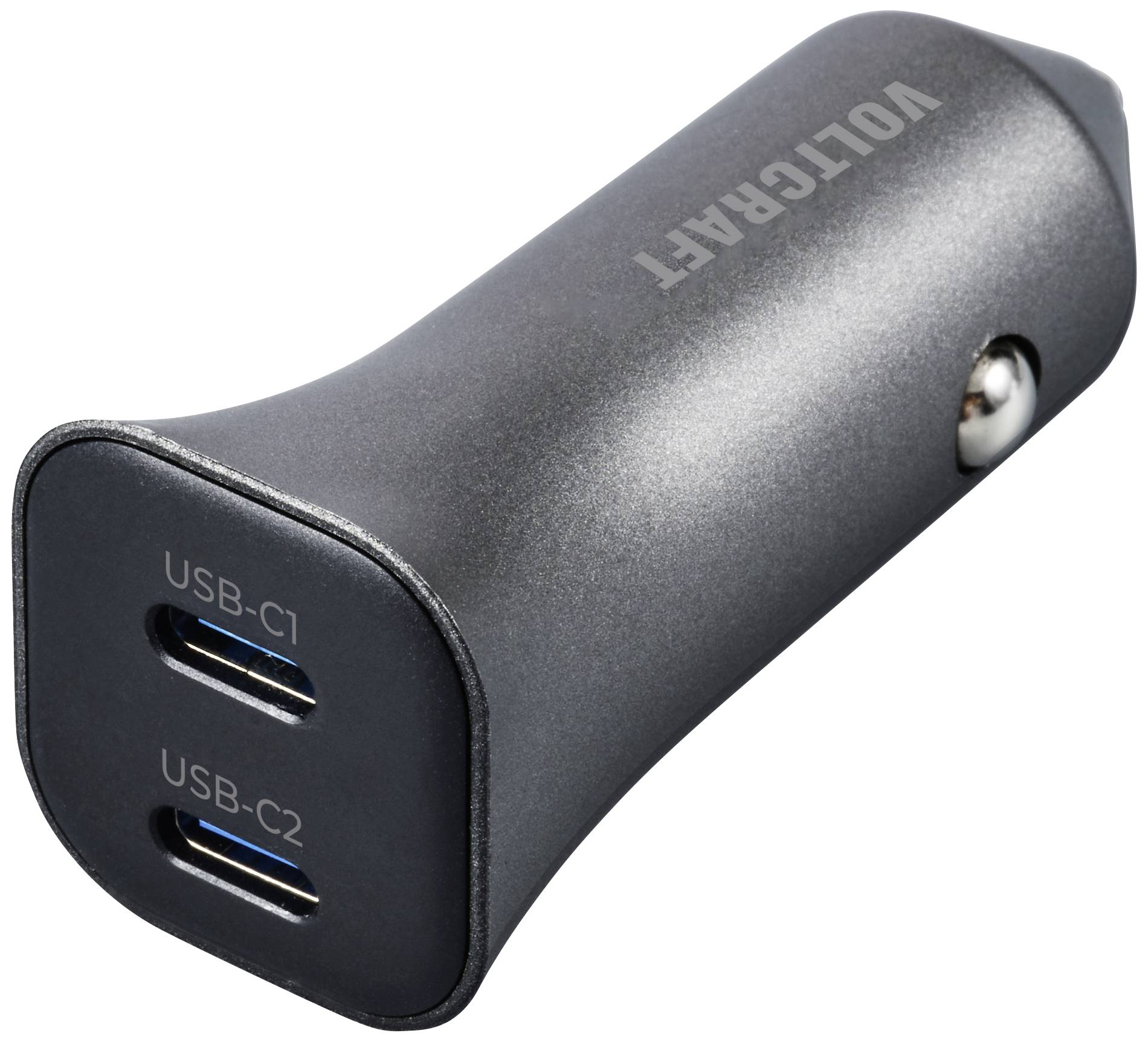 Black car charger with two USB-C ports, labelled 'USB-C1' and 'USB-C2'. Ideal for charging multiple devices simultaneously.