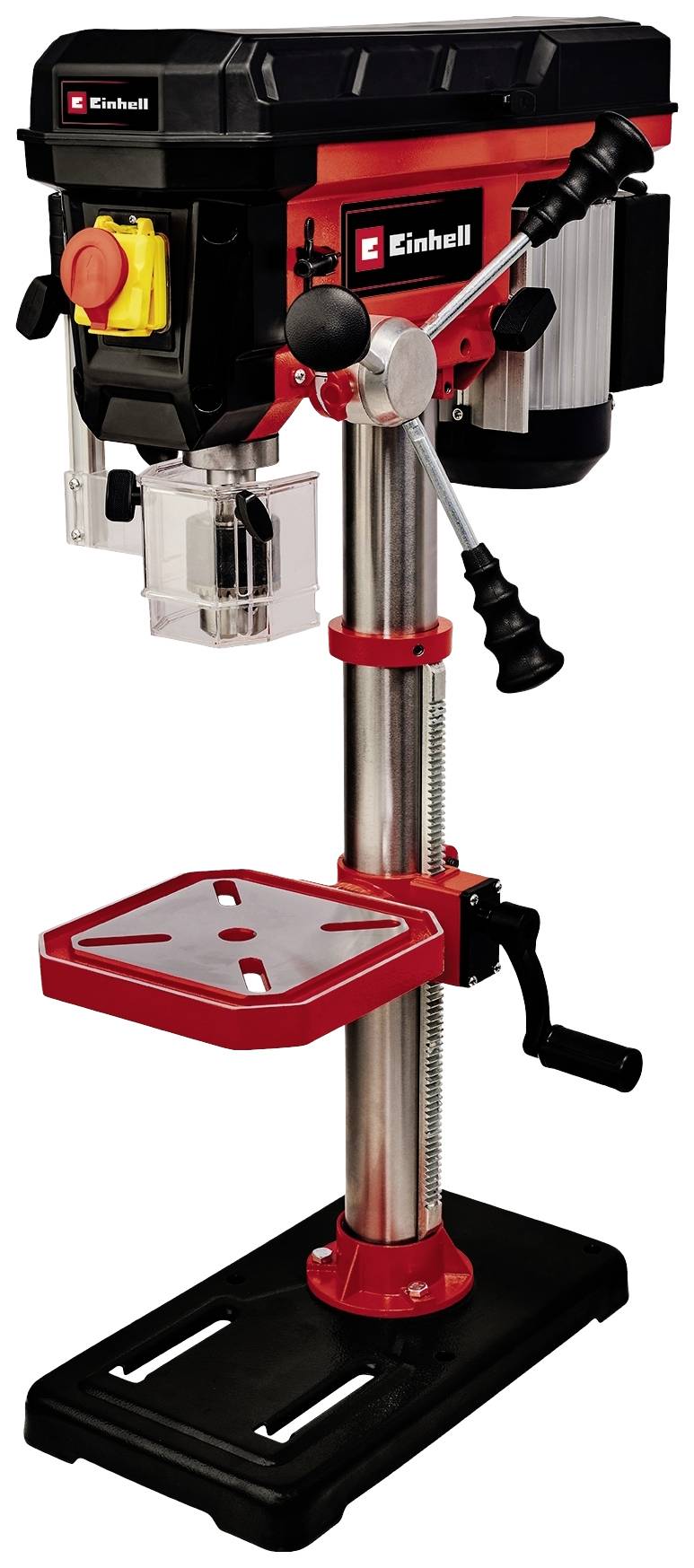 A pillar drill with a red, black, and silver body. Equipped with a crank handle and an adjustable drilling table.
