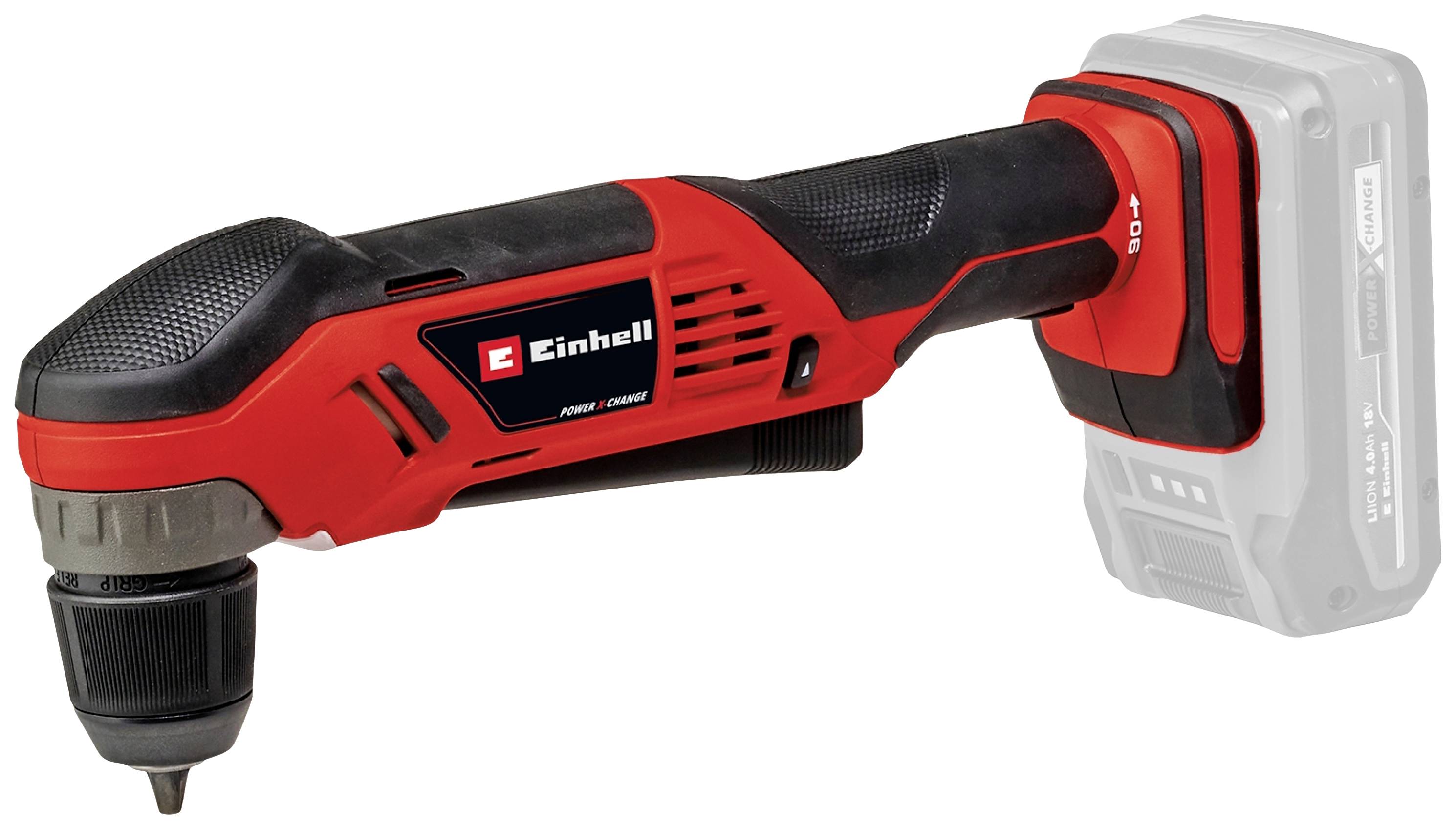 Einhell cordless drill in red and black, without battery inserted, showing tool head with drill chuck.