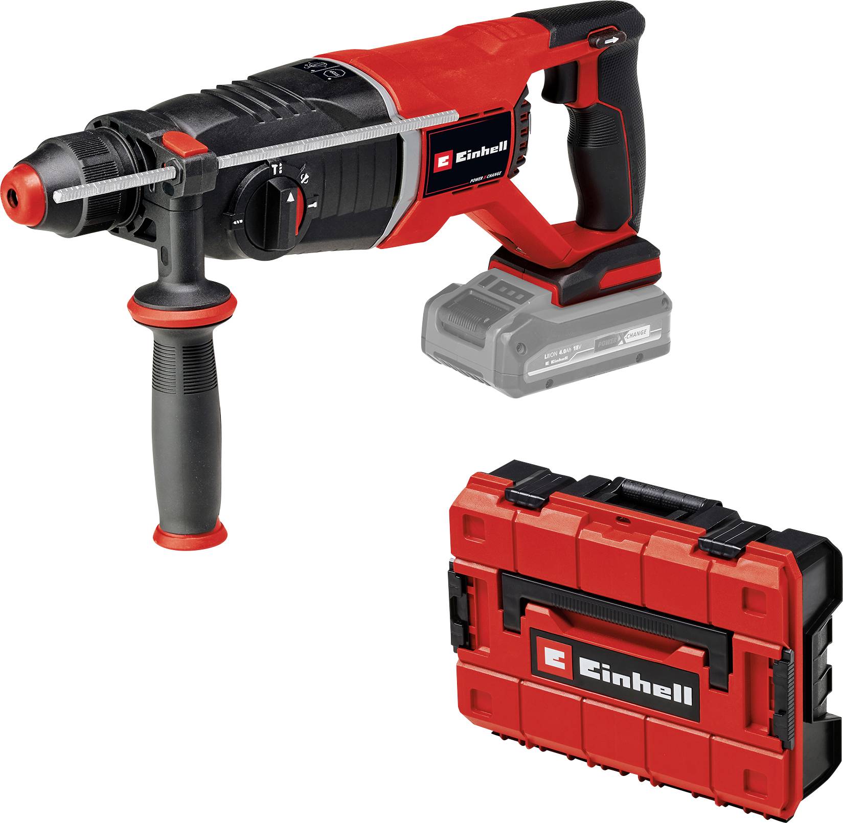 A red and black cordless rotary hammer drill with a carry case, featuring a secondary handle for control and a visible brand logo.