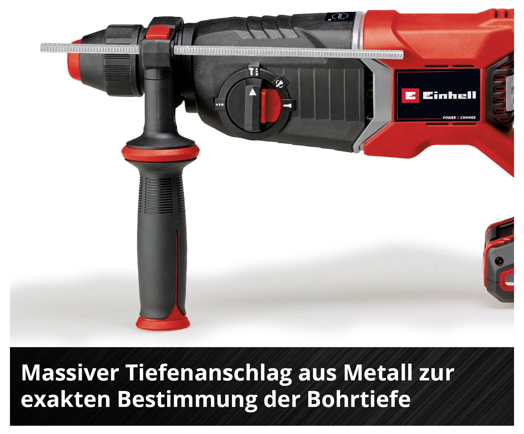 Drill with red and black casing. Text on the image: 'Robust metal depth stop for precise determination of drilling depth'.