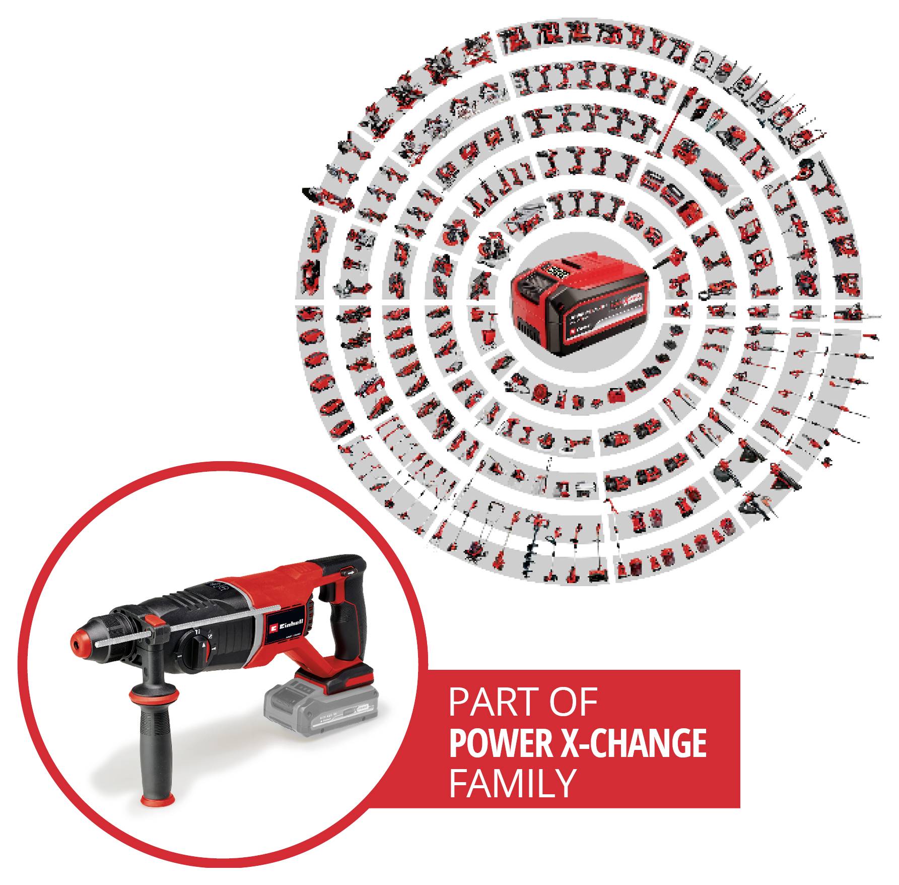 Power tool in foreground with 'Part of Power X-Change Family' text; background shows diverse tools arranged in circular pattern.