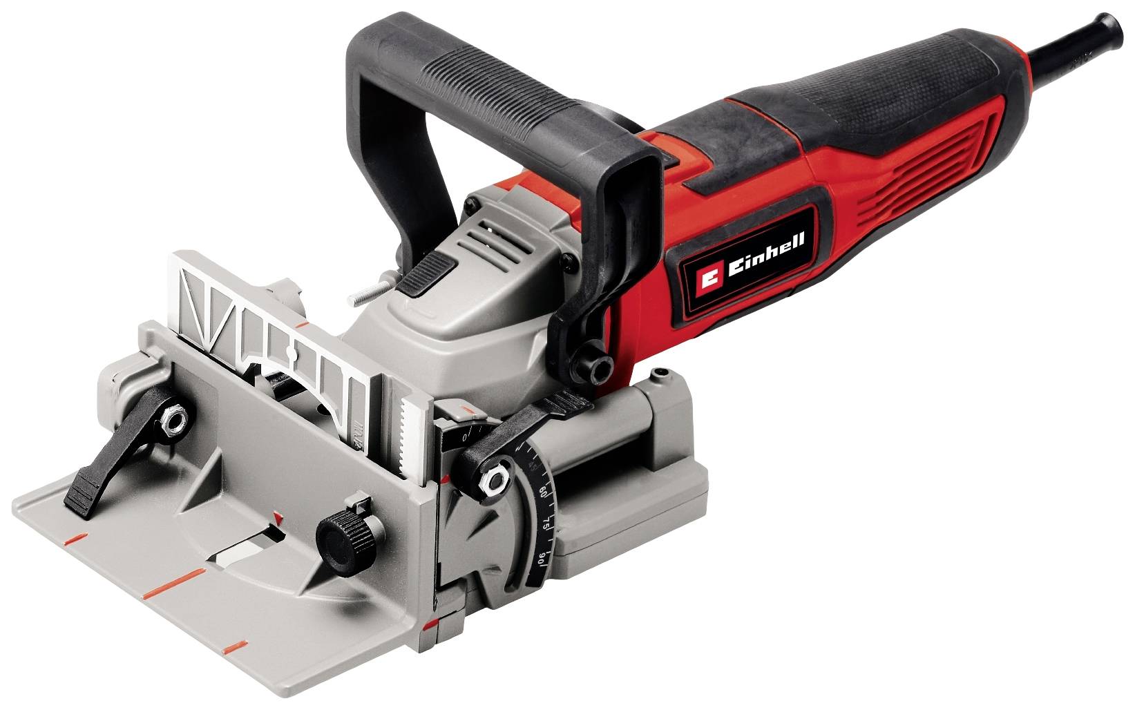 A red and black electric router with a robust handle and adjustment dials, suitable for precise woodworking joints.