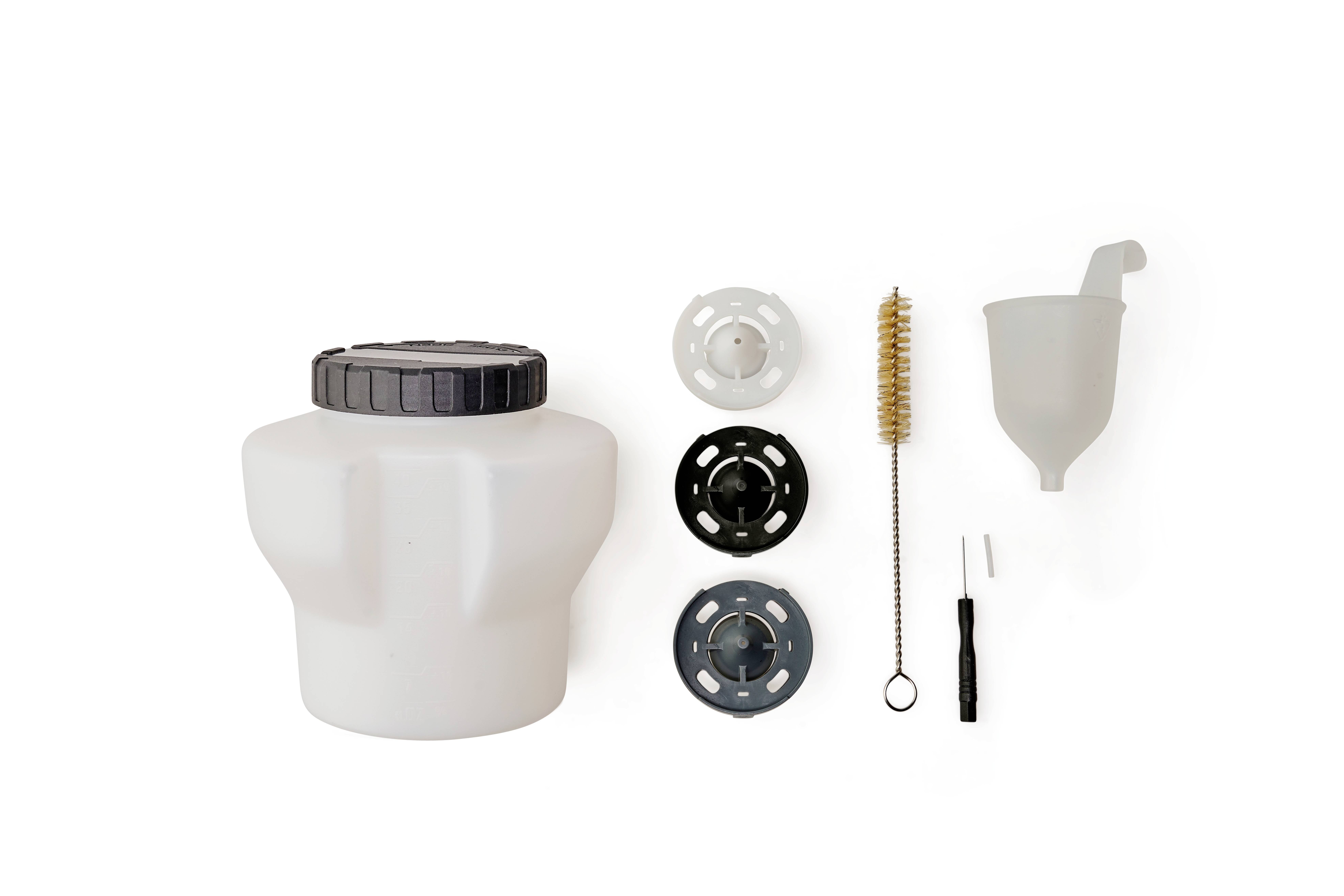Various spare parts for a kitchen appliance, including a white container with a black lid, brush, funnel and sealing rings.